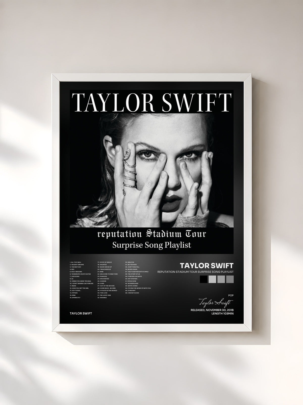 #blanc Tableau de l'album reputation Stadium Tour Surprise Song Playlist de Taylor Swift, cadre blanc, imprimé et encadré en France