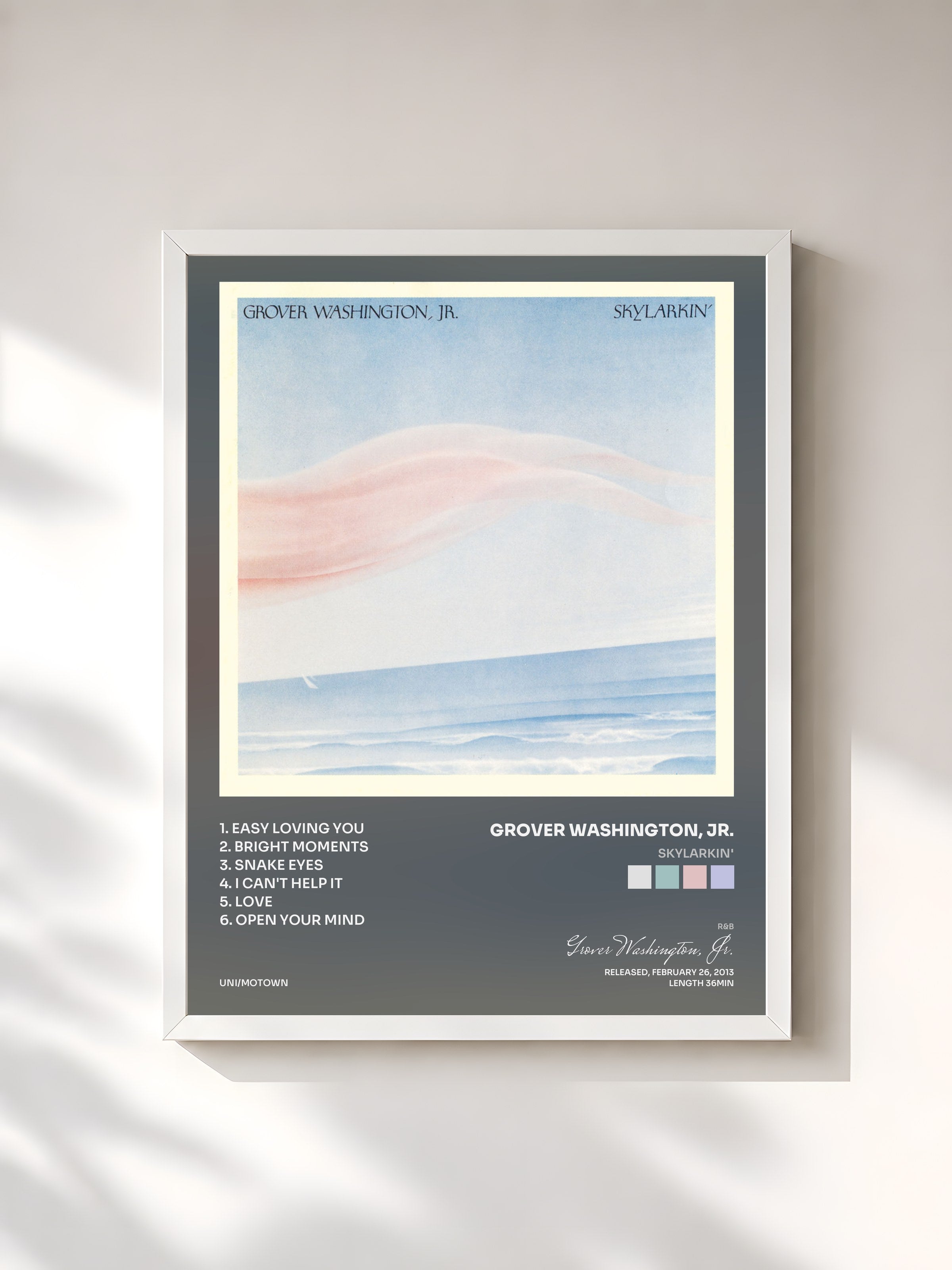 #blanc Tableau de l'album Skylarkin' de Grover Washington, Jr., cadre blanc, imprimé et encadré en France
