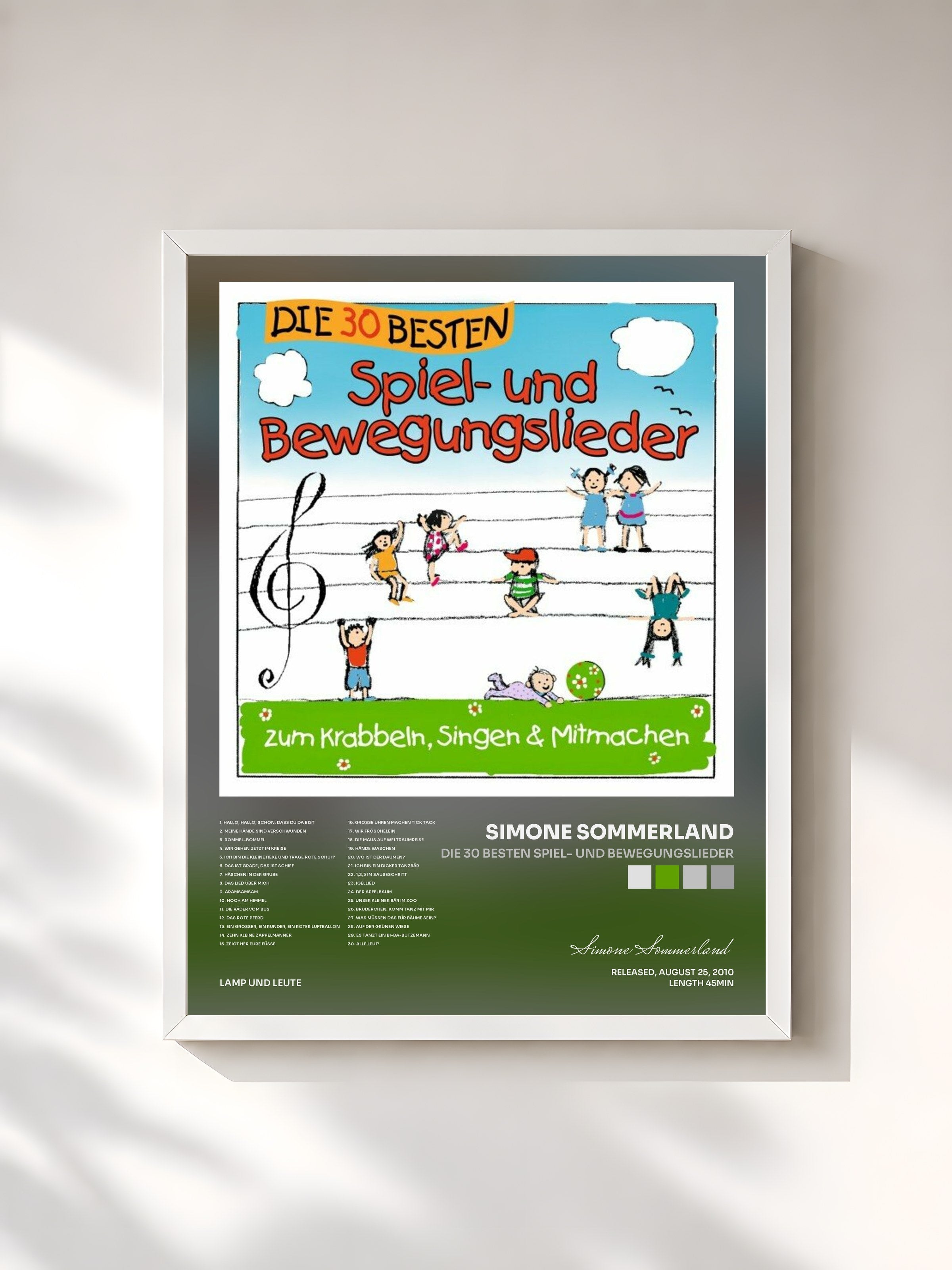 #blanc Tableau de l'album Die 30 besten Spiel- und Bewegungslieder de Simone Sommerland, cadre blanc, imprimé et encadré en France