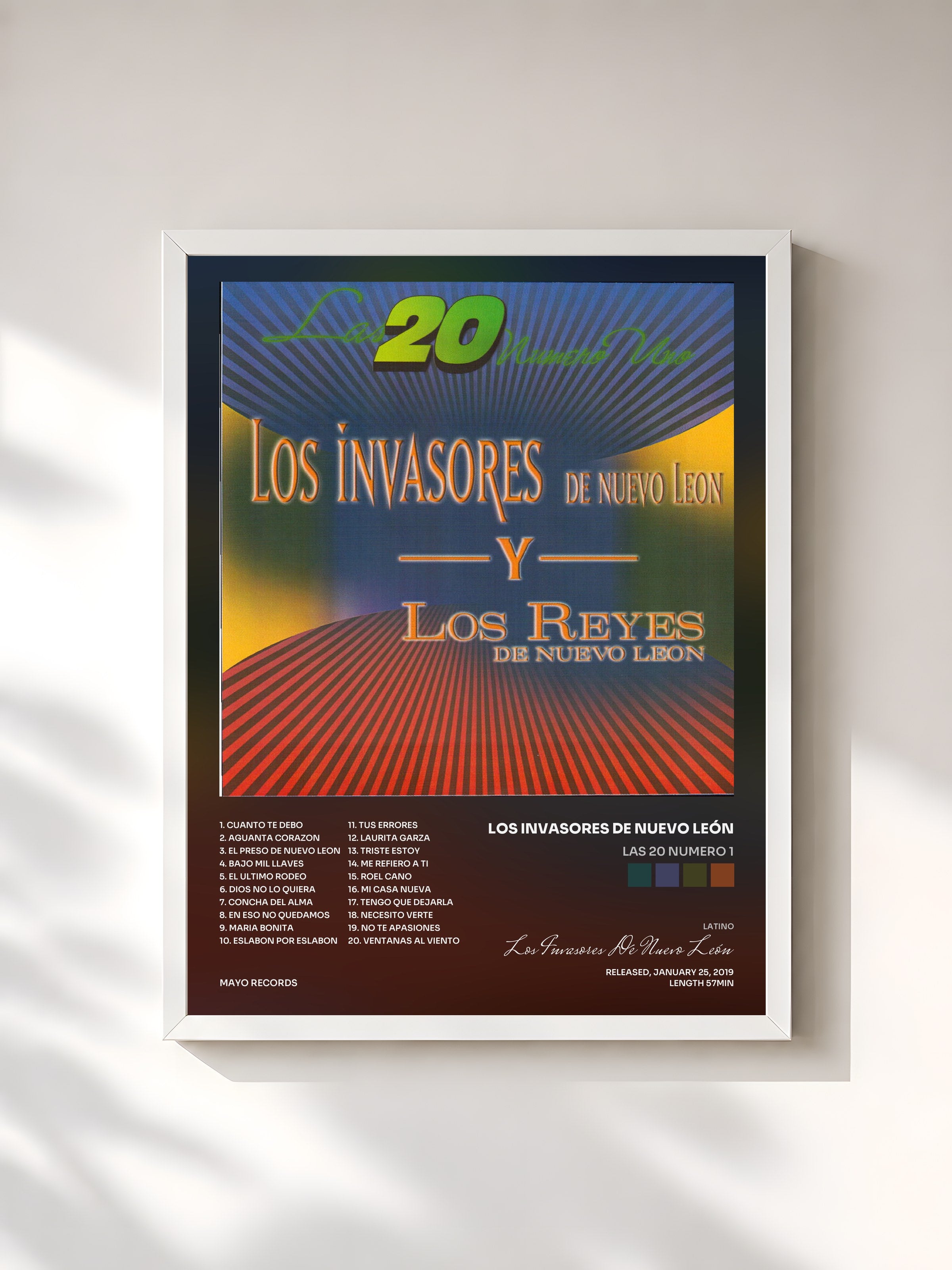 #blanc Tableau de l'album Las 20 Numero 1 de Los Invasores De Nuevo León, cadre blanc, imprimé et encadré en France