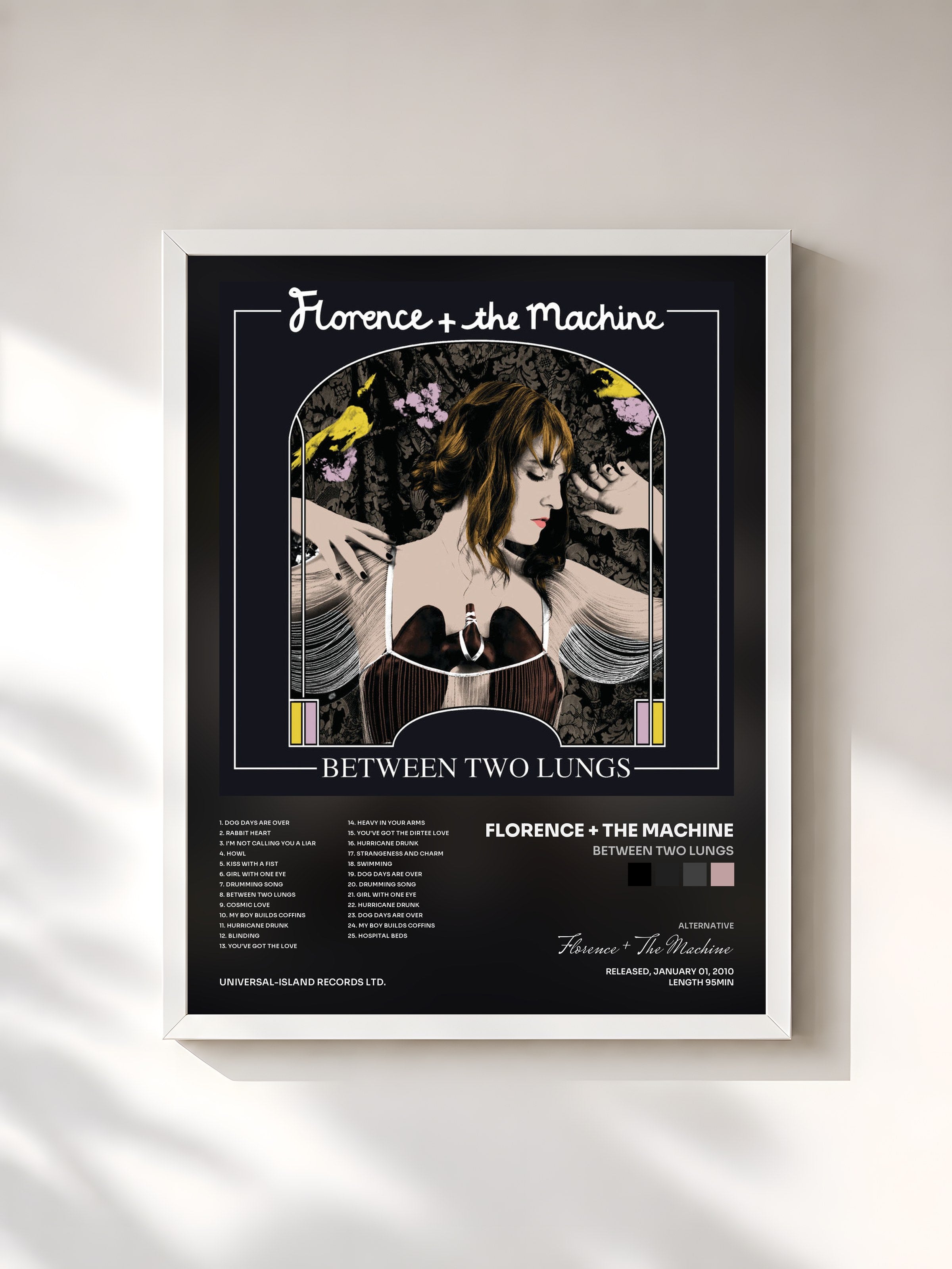 #blanc Tableau de l'album Between Two Lungs de Florence + The Machine, cadre blanc, imprimé et encadré en France