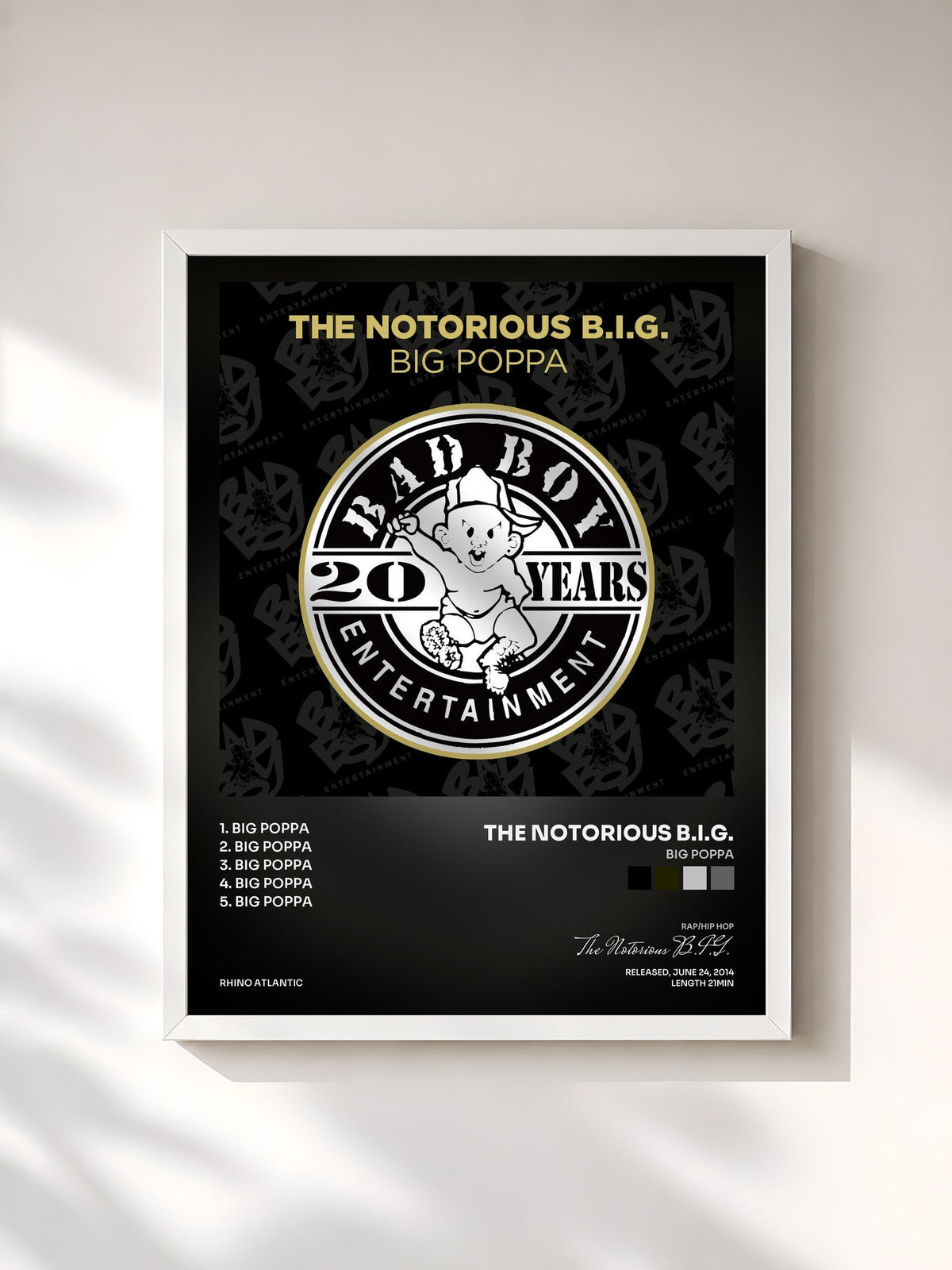 #blanc Tableau de l'album Big Poppa de The Notorious B.I.G., cadre blanc, imprimé et encadré en France