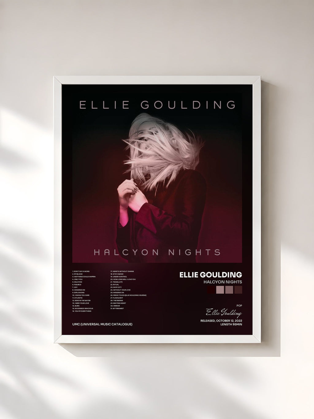 #blanc Tableau de l'album Halcyon Nights de Ellie Goulding, cadre blanc, imprimé et encadré en France