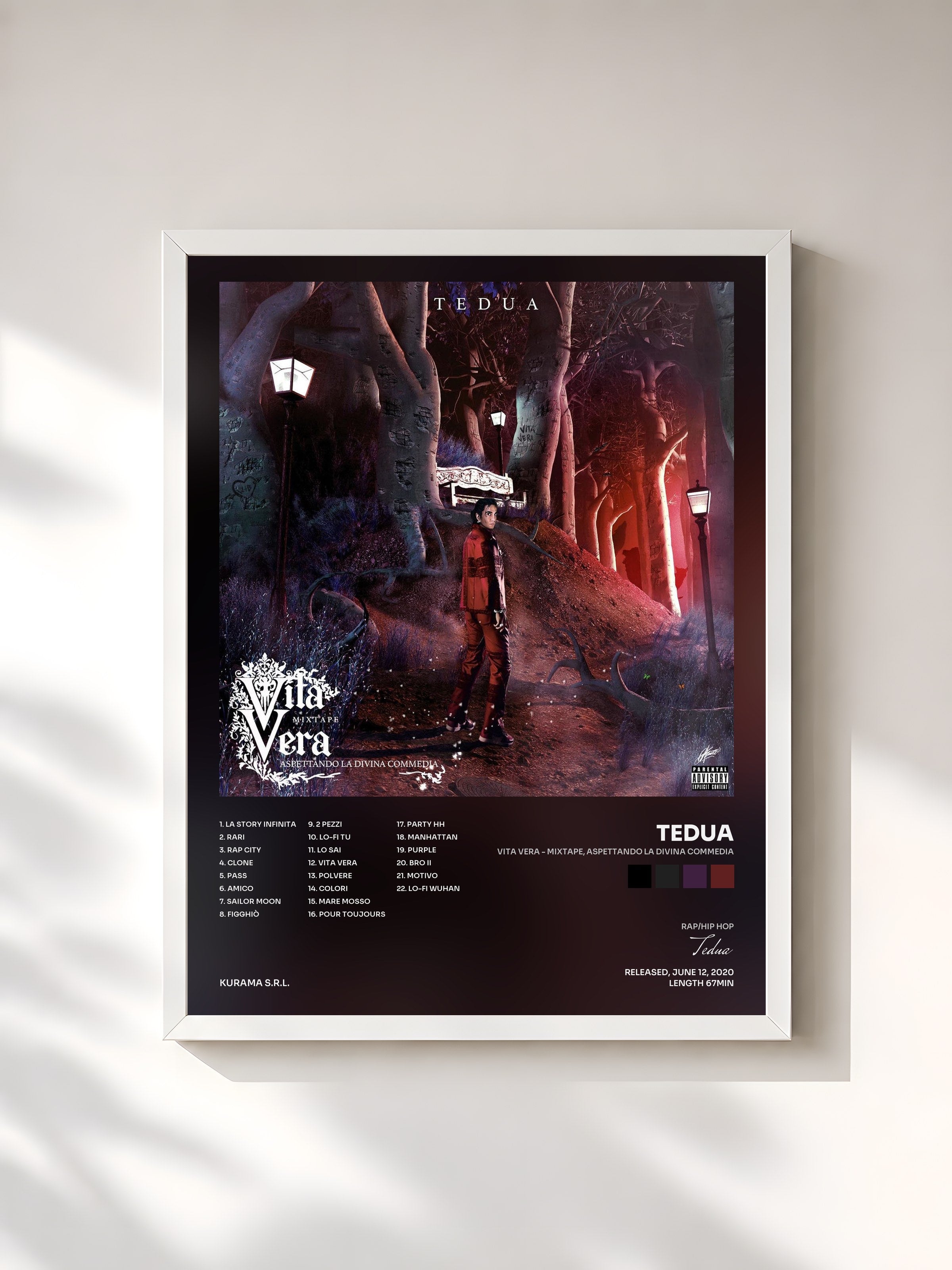 #blanc Tableau de l'album Vita Vera - Mixtape, aspettando la Divina Commedia de Tedua, cadre blanc, imprimé et encadré en France