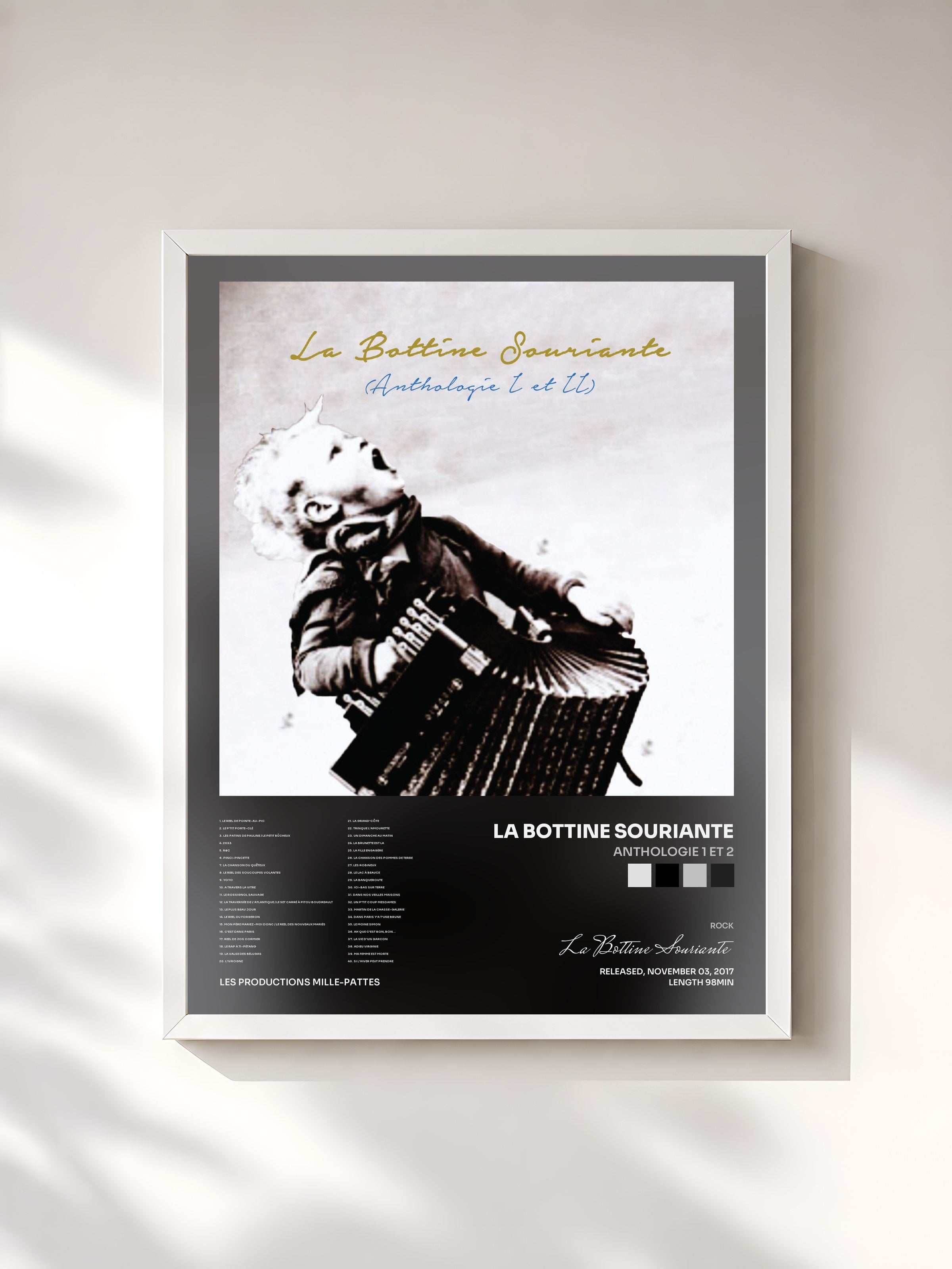 #blanc Tableau de l'album Anthologie 1 et 2 de La Bottine Souriante, cadre blanc, imprimé et encadré en France