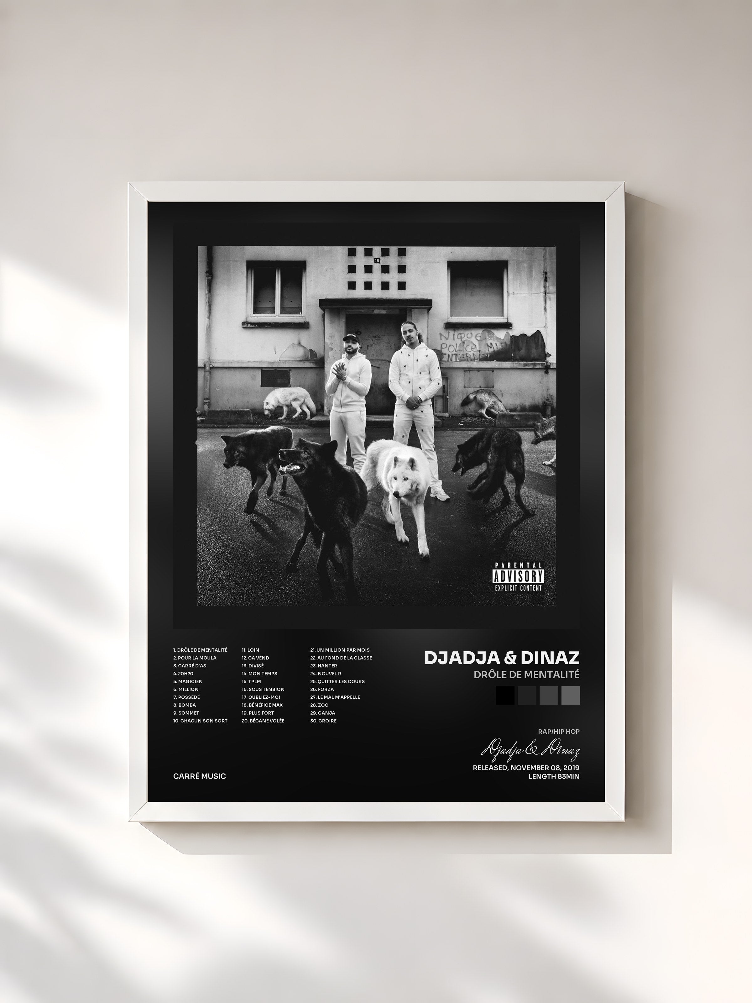 #blanc Tableau de l'album Drôle de mentalité de Djadja & Dinaz, cadre blanc, imprimé et encadré en France