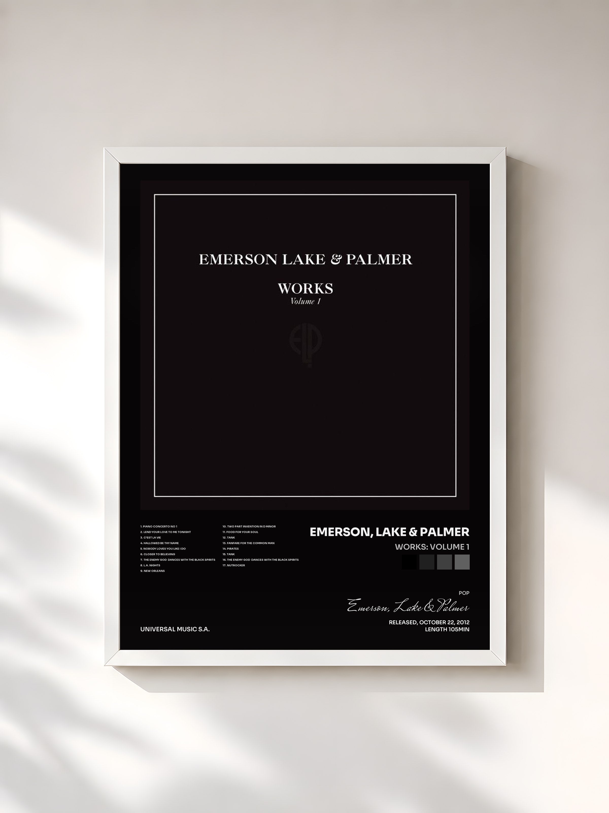 #blanc Tableau de l'album Works: Volume 1 de Emerson, Lake & Palmer, cadre blanc, imprimé et encadré en France
