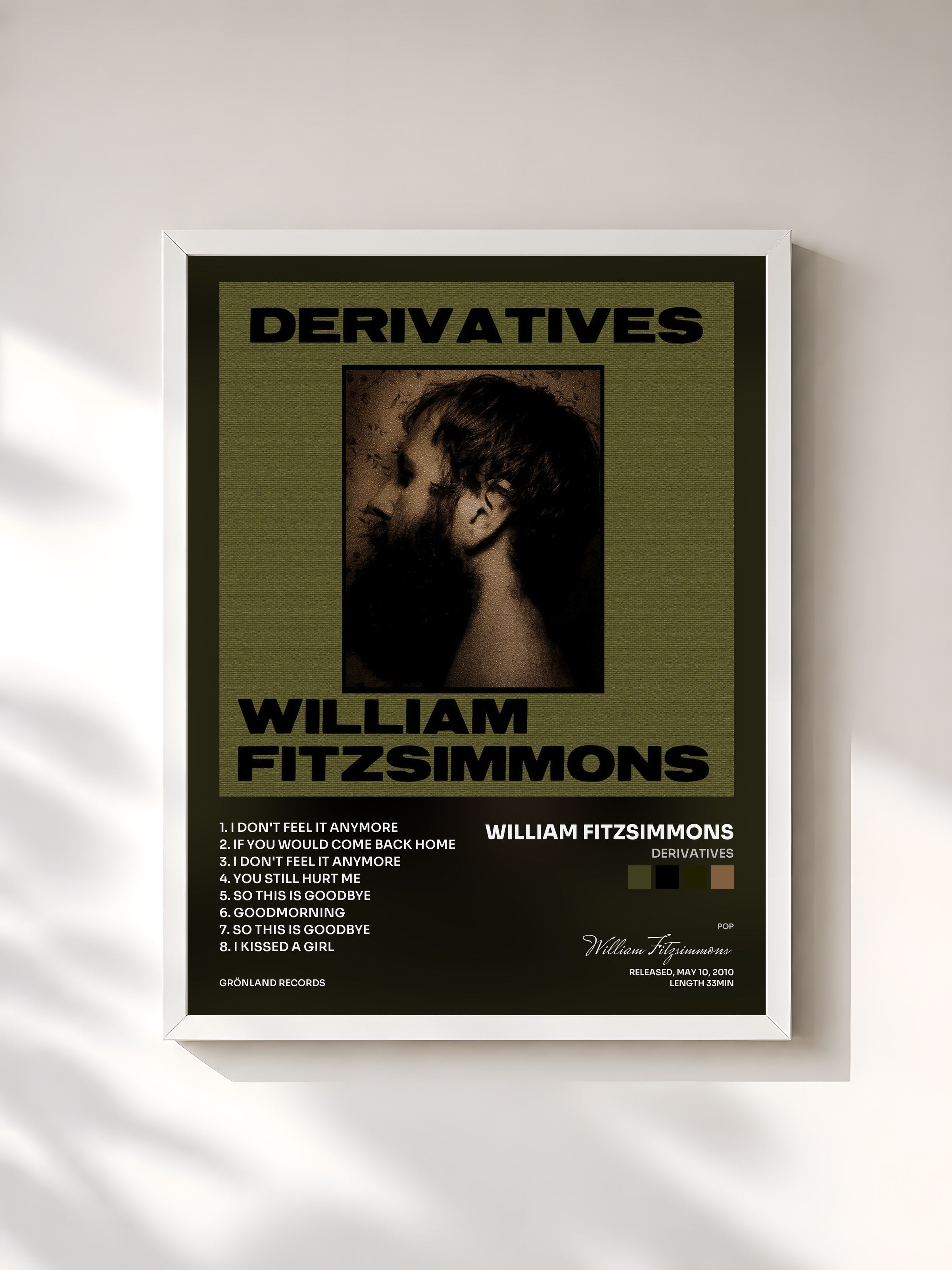#blanc Tableau de l'album Derivatives de William Fitzsimmons, cadre blanc, imprimé et encadré en France