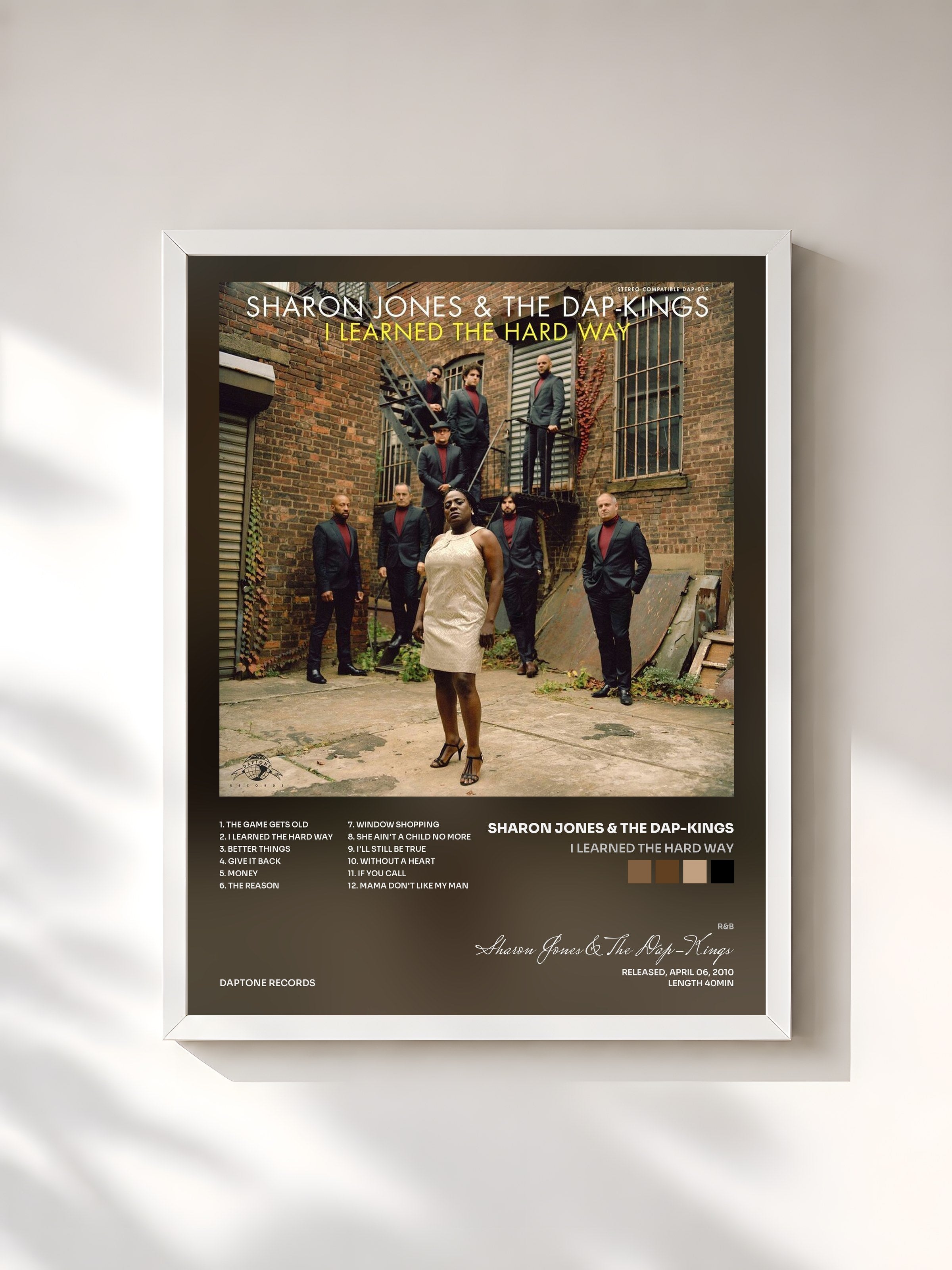 #blanc Tableau de l'album I Learned the Hard Way de Sharon Jones & The Dap-Kings, cadre blanc, imprimé et encadré en France