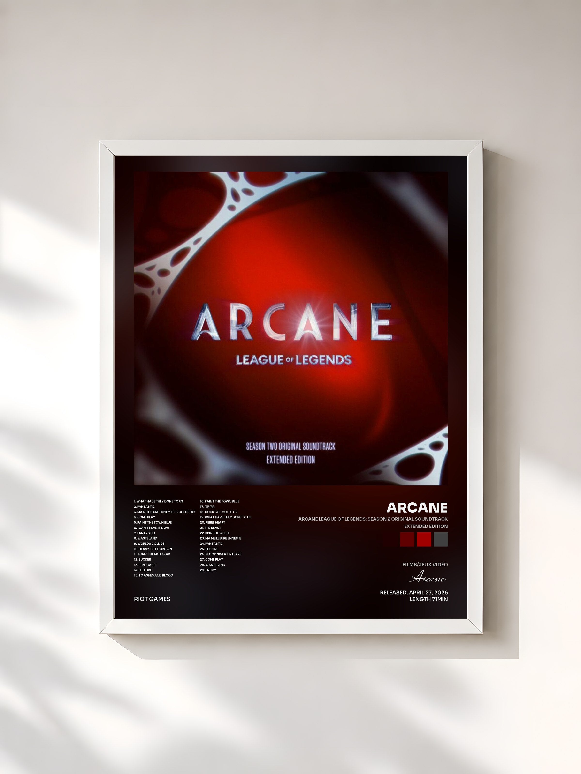 #blanc Tableau de l'album Arcane League of Legends: Season 2 Original Soundtrack (Extended Edition) de Arcane, cadre blanc, imprimé et encadré en France