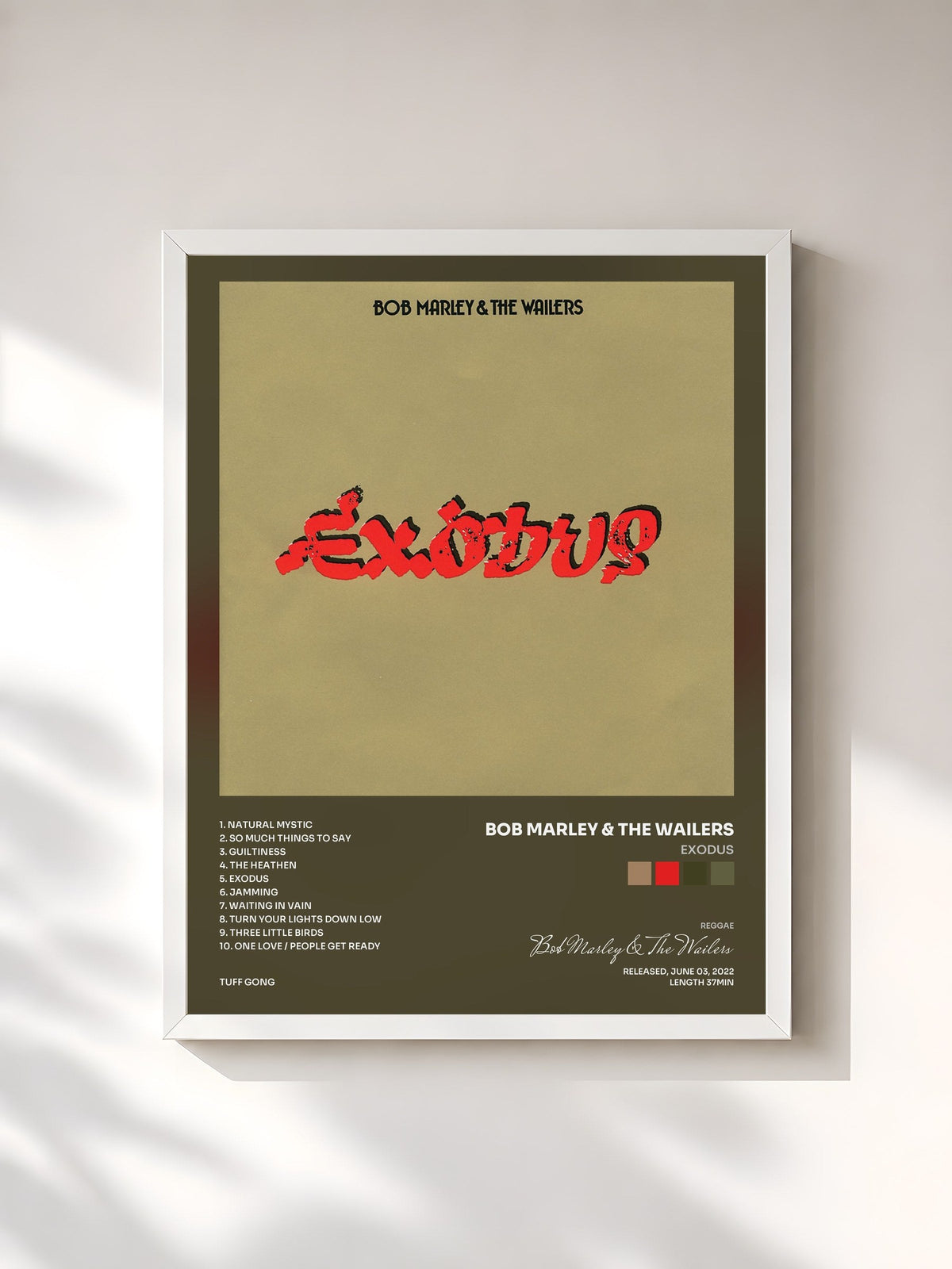 #blanc Tableau de l'album Exodus de Bob Marley & The Wailers, cadre blanc, imprimé et encadré en France
