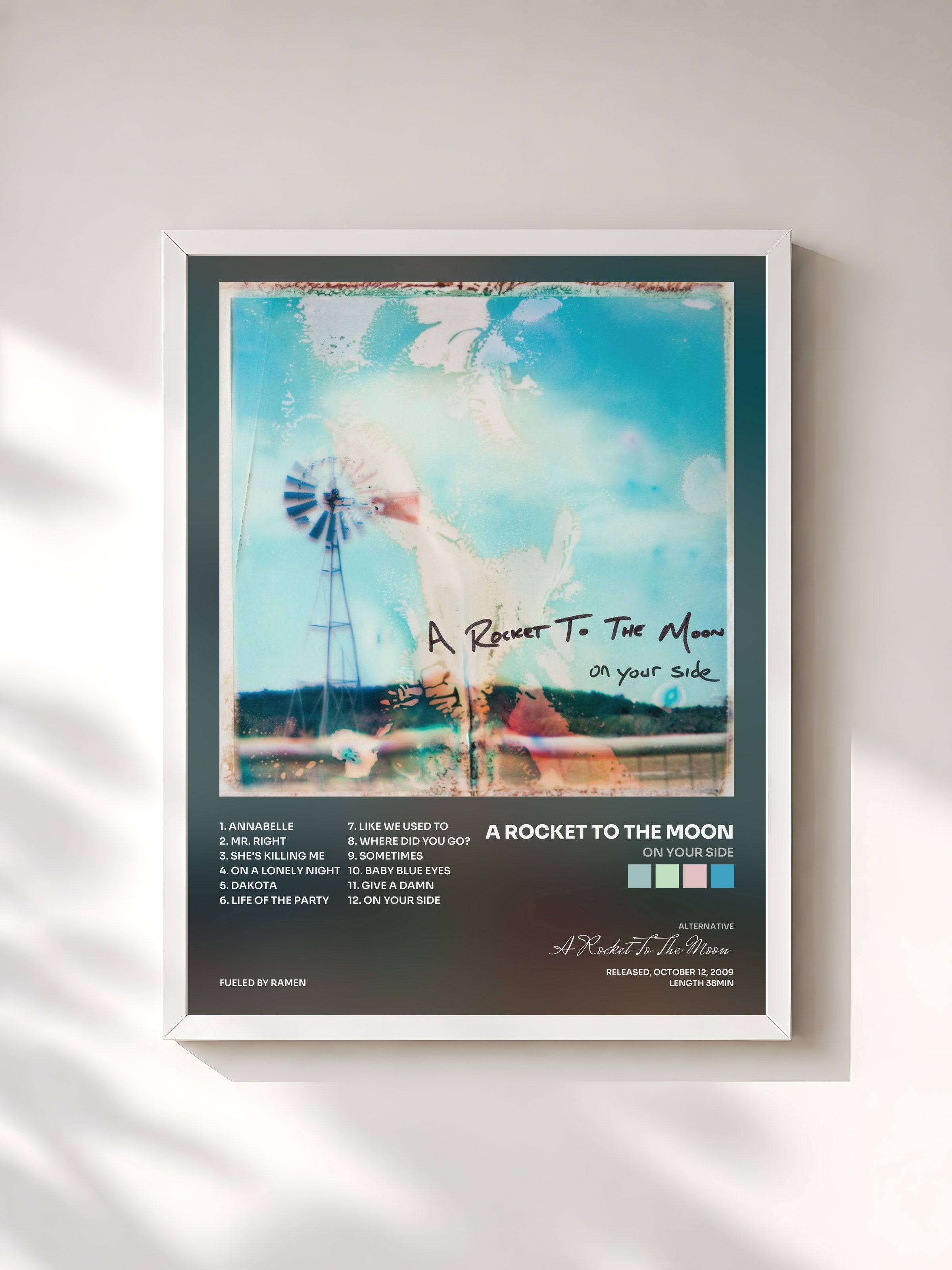#blanc Tableau de l'album On Your Side de A Rocket To The Moon, cadre blanc, imprimé et encadré en France