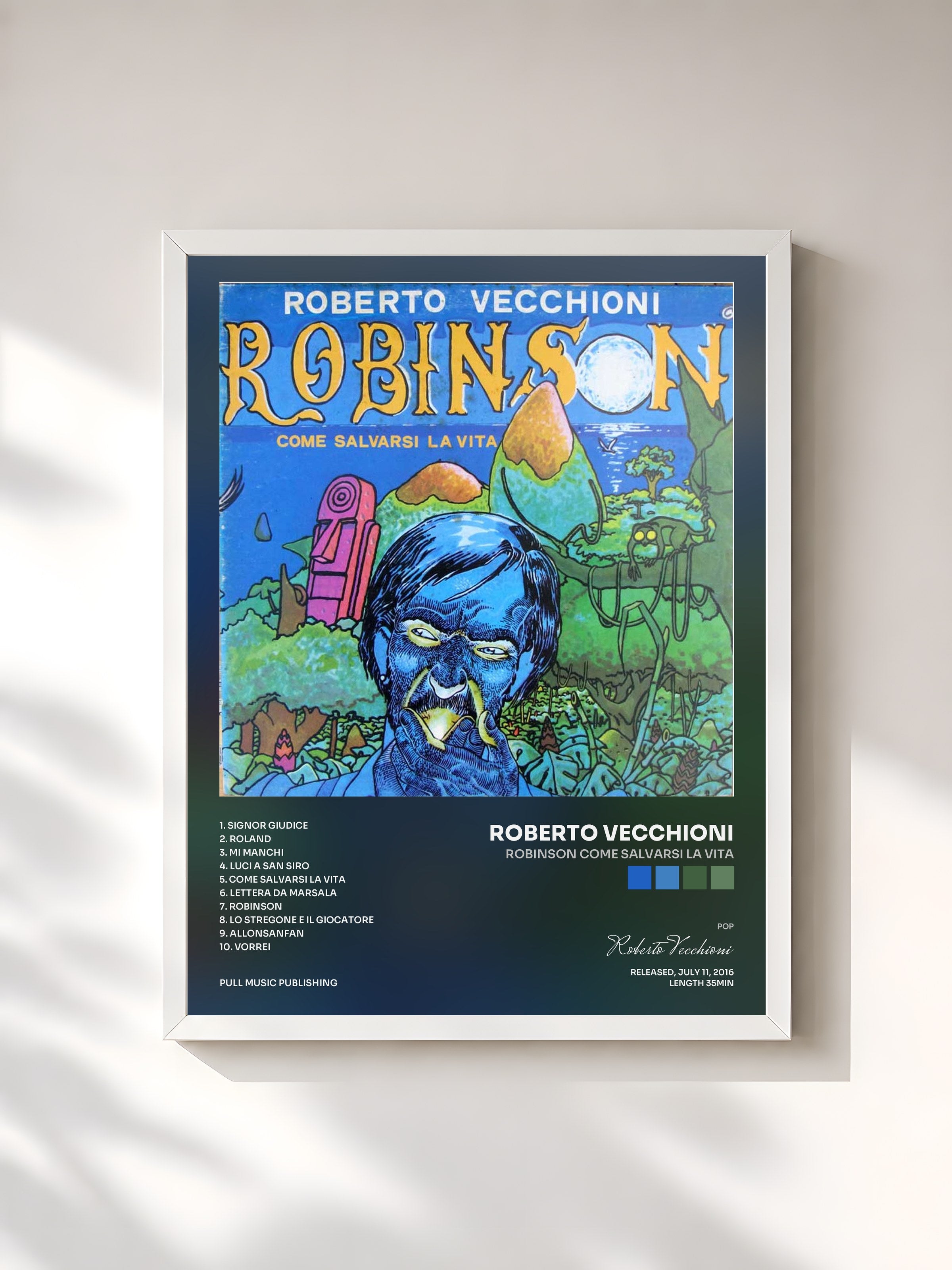#blanc Tableau de l'album Robinson come salvarsi la vita de Roberto Vecchioni, cadre blanc, imprimé et encadré en France