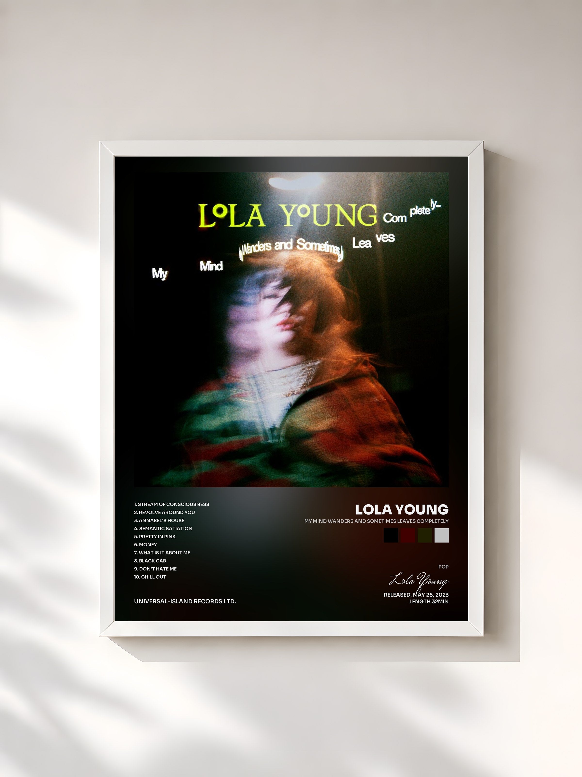 #blanc Tableau de l'album My Mind Wanders and Sometimes Leaves Completely de Lola Young, cadre blanc, imprimé et encadré en France