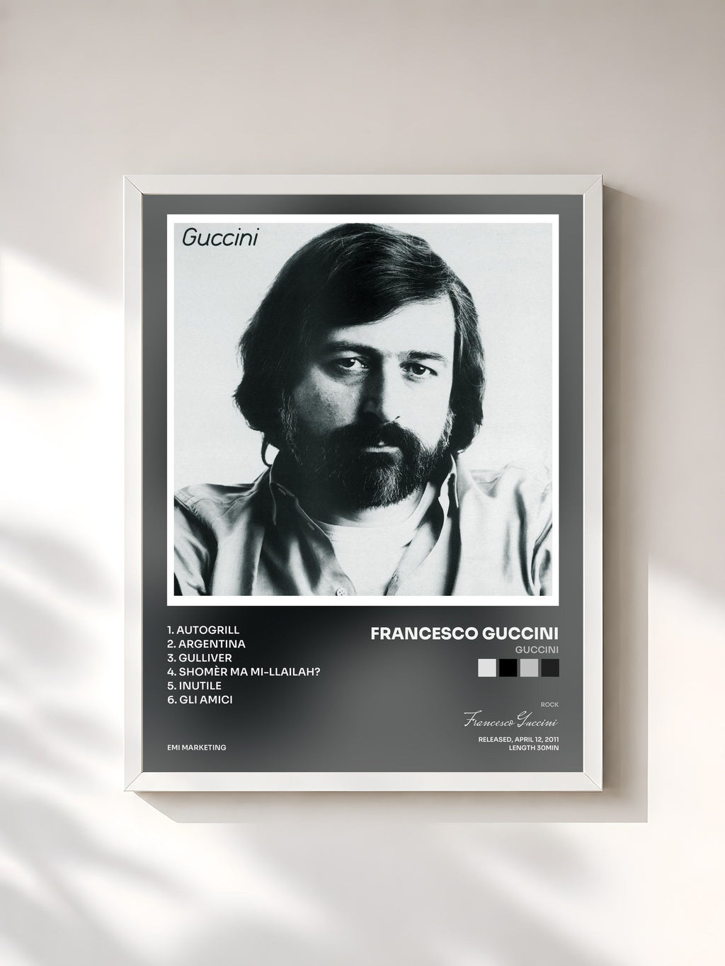 #blanc Tableau de l'album Guccini de Francesco Guccini, cadre blanc, imprimé et encadré en France