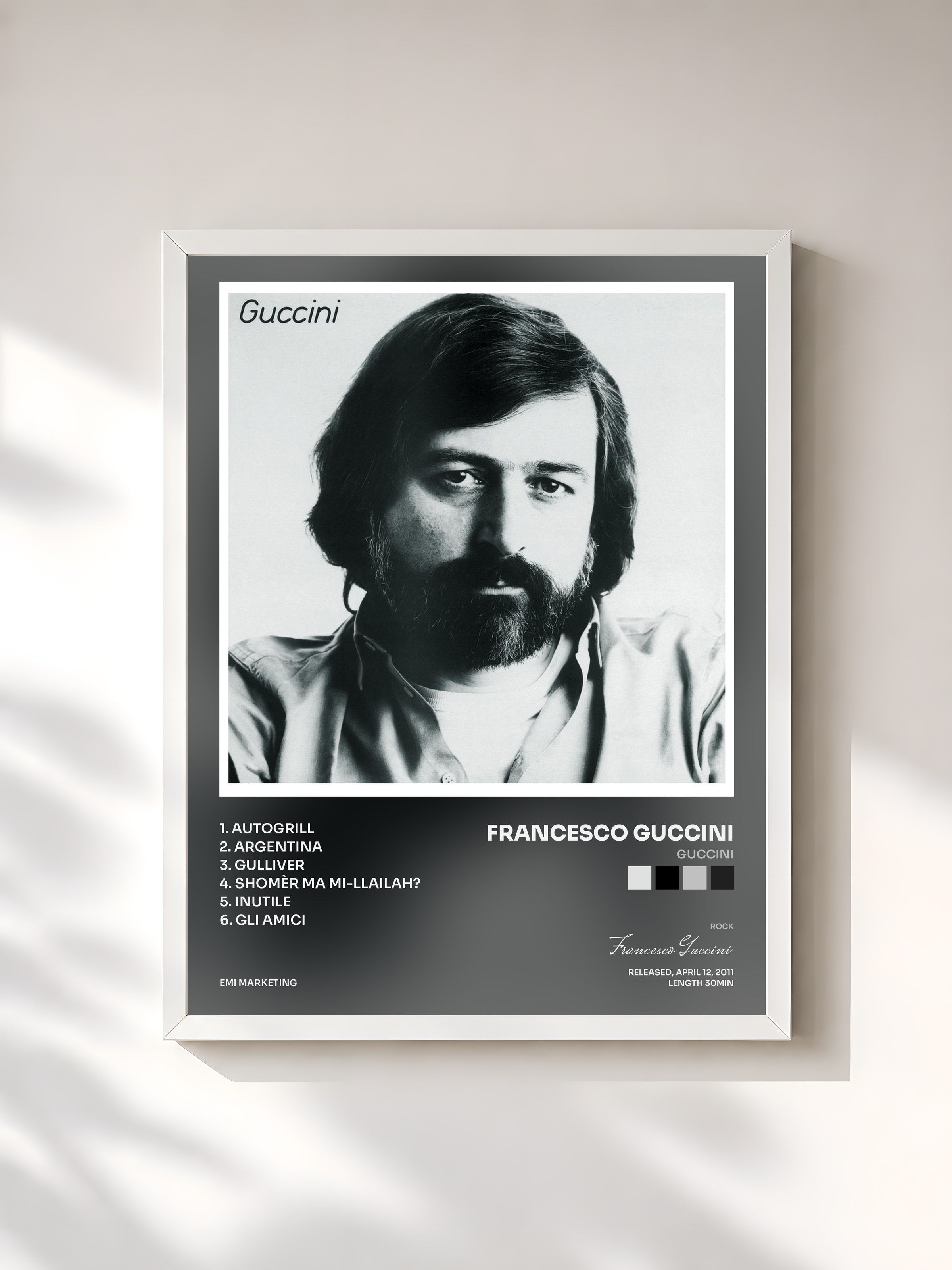#blanc Tableau de l'album Guccini de Francesco Guccini, cadre blanc, imprimé et encadré en France