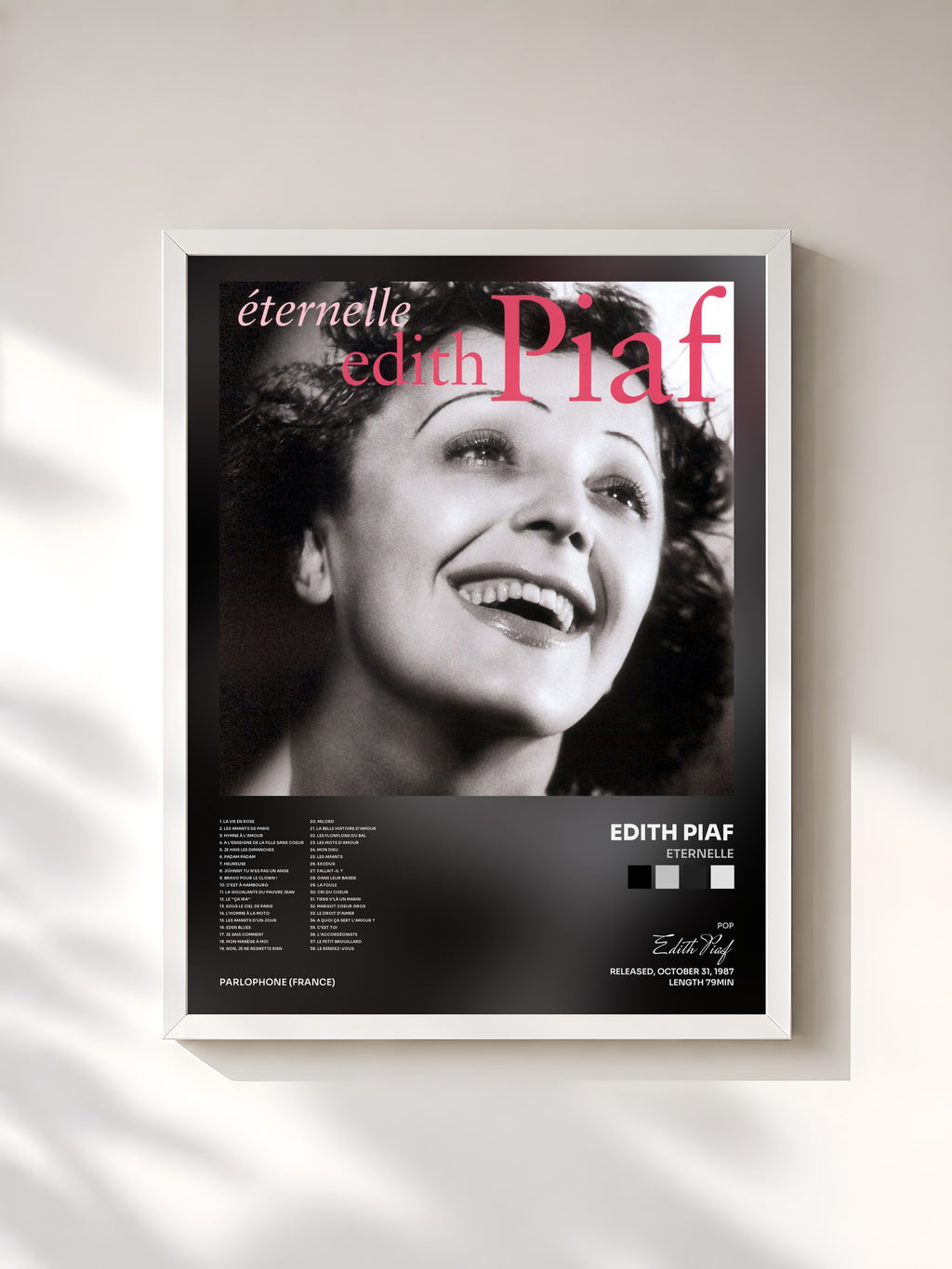 #blanc Tableau de l'album Eternelle de Edith Piaf, cadre blanc, imprimé et encadré en France