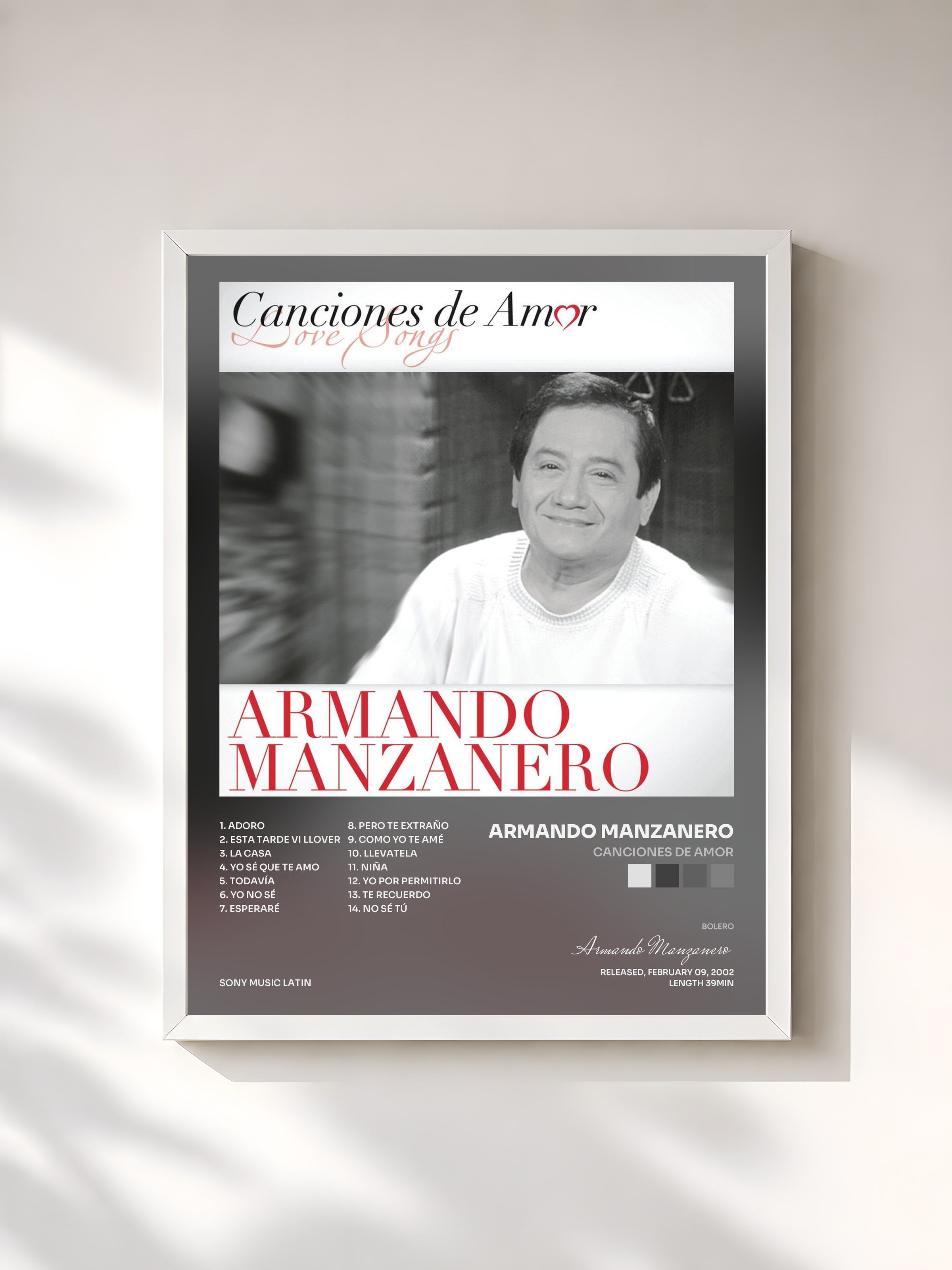 #blanc Tableau de l'album Canciones De Amor de Armando Manzanero, cadre blanc, imprimé et encadré en France