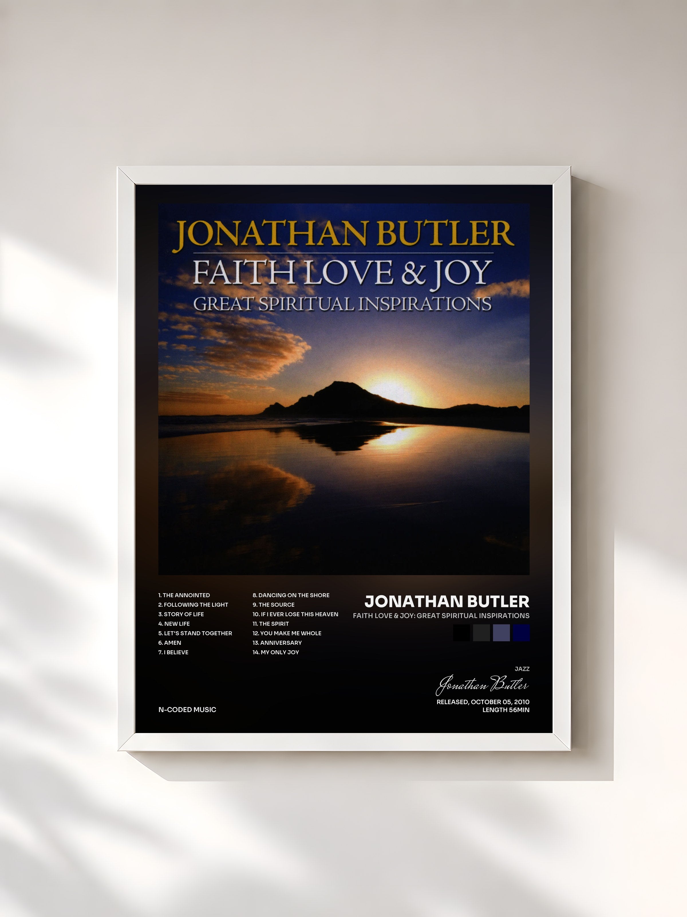 #blanc Tableau de l'album Faith Love & Joy: Great Spiritual Inspirations de Jonathan Butler, cadre blanc, imprimé et encadré en France