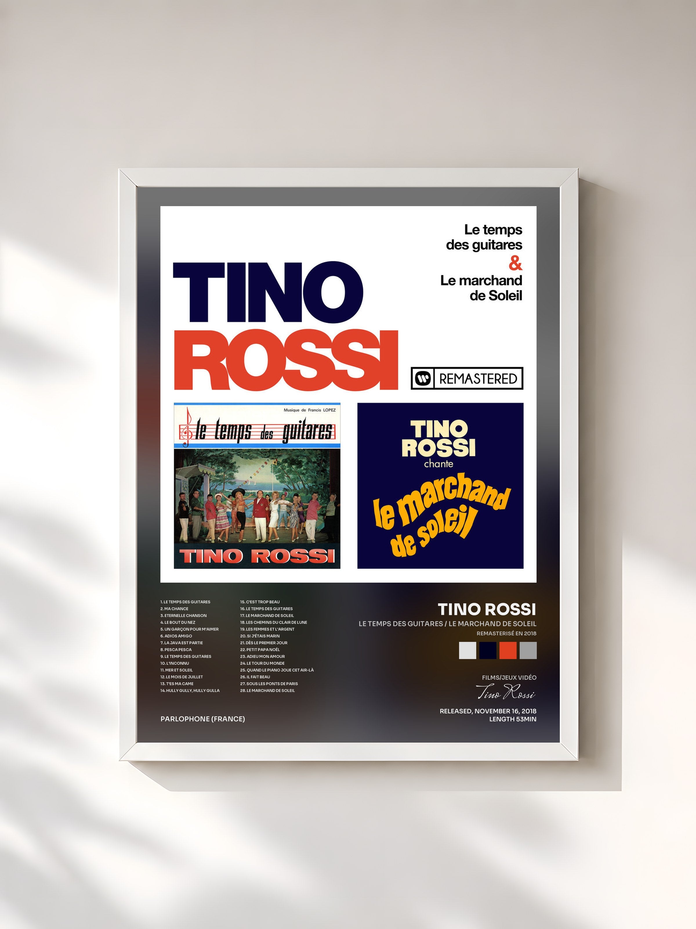 #blanc Tableau de l'album Le temps des guitares / Le marchand de soleil (Remasterisé en 2018) de Tino Rossi, cadre blanc, imprimé et encadré en France