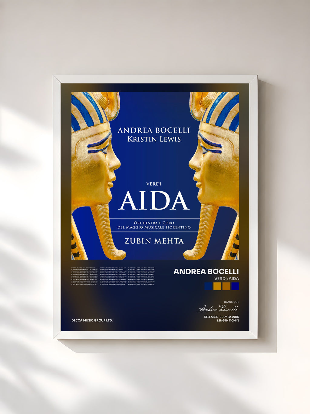 #blanc Tableau de l'album Verdi: Aida de Andrea Bocelli, cadre blanc, imprimé et encadré en France