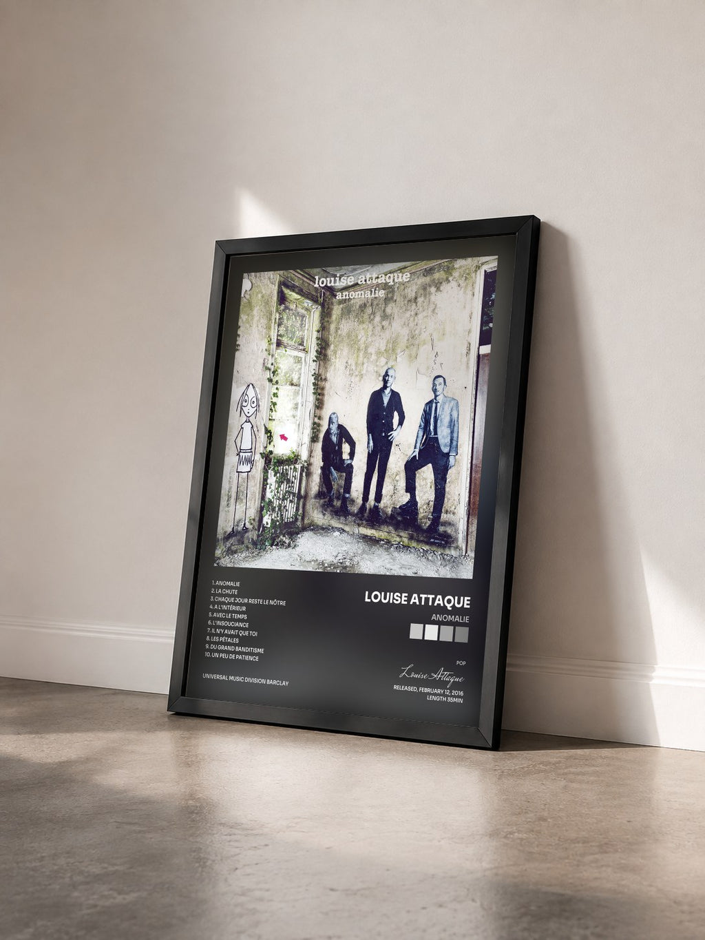 #noir Tableau de l'album Anomalie de Louise Attaque vu de trois quarts, cadre noir