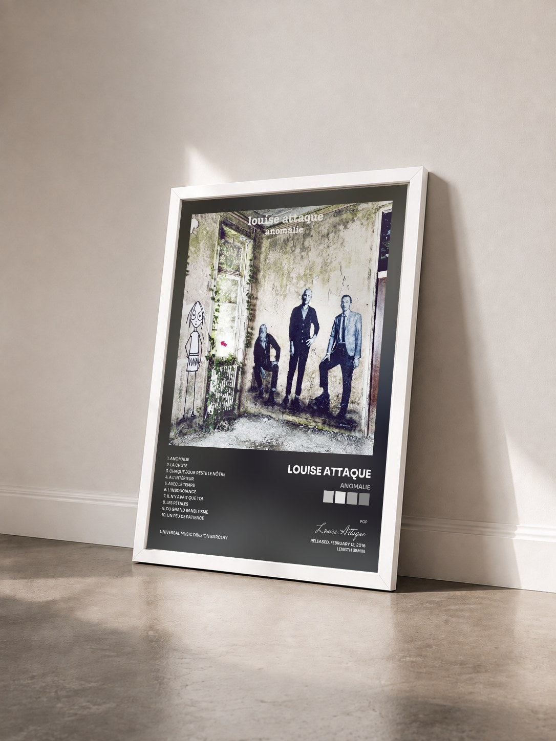 #blanc Tableau de l'album Anomalie de Louise Attaque vu de trois quarts, cadre blanc