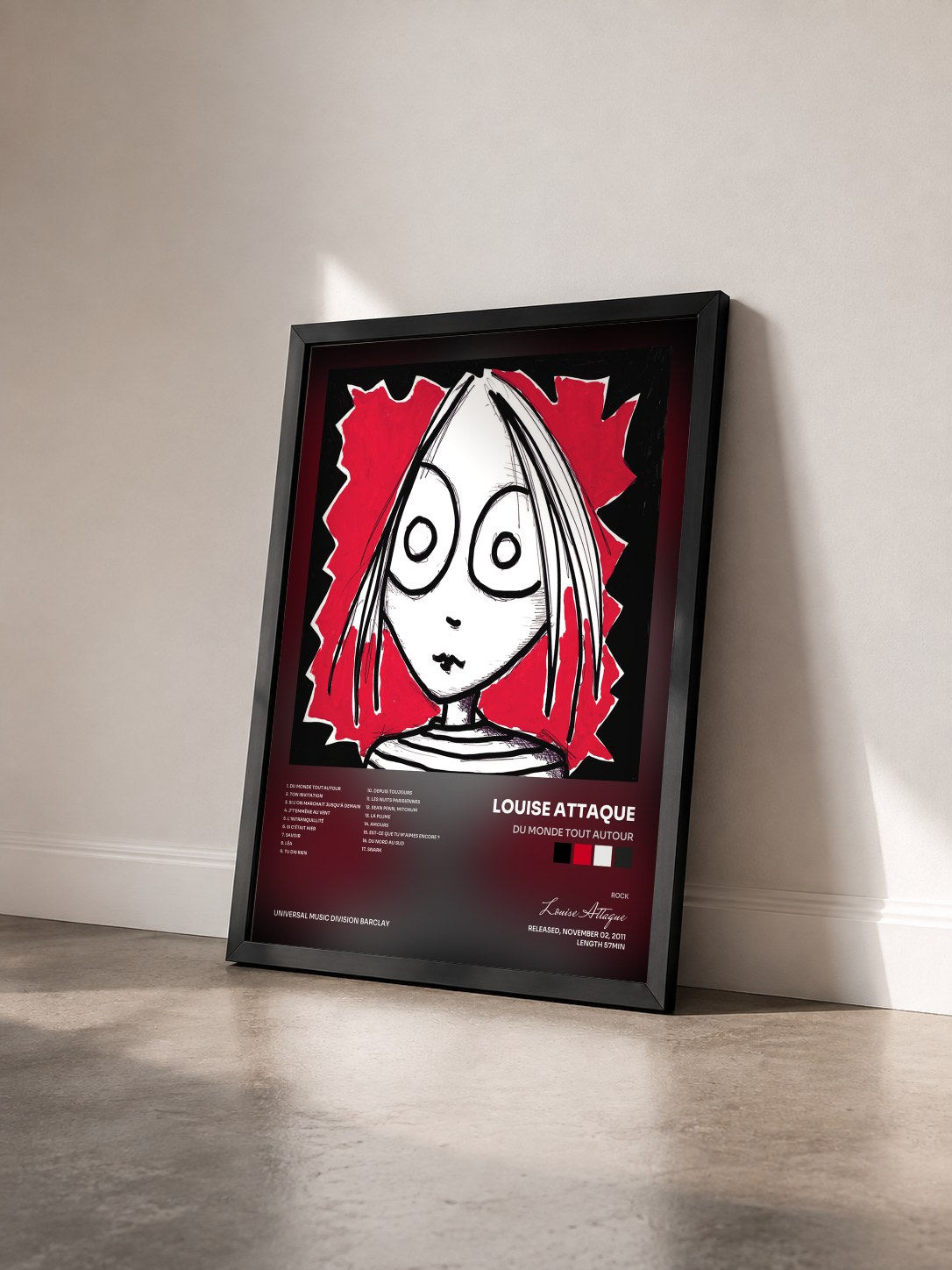 #noir Du Monde Tout Autour by Louise Attaque as a framed art print seen at an angle, black frame