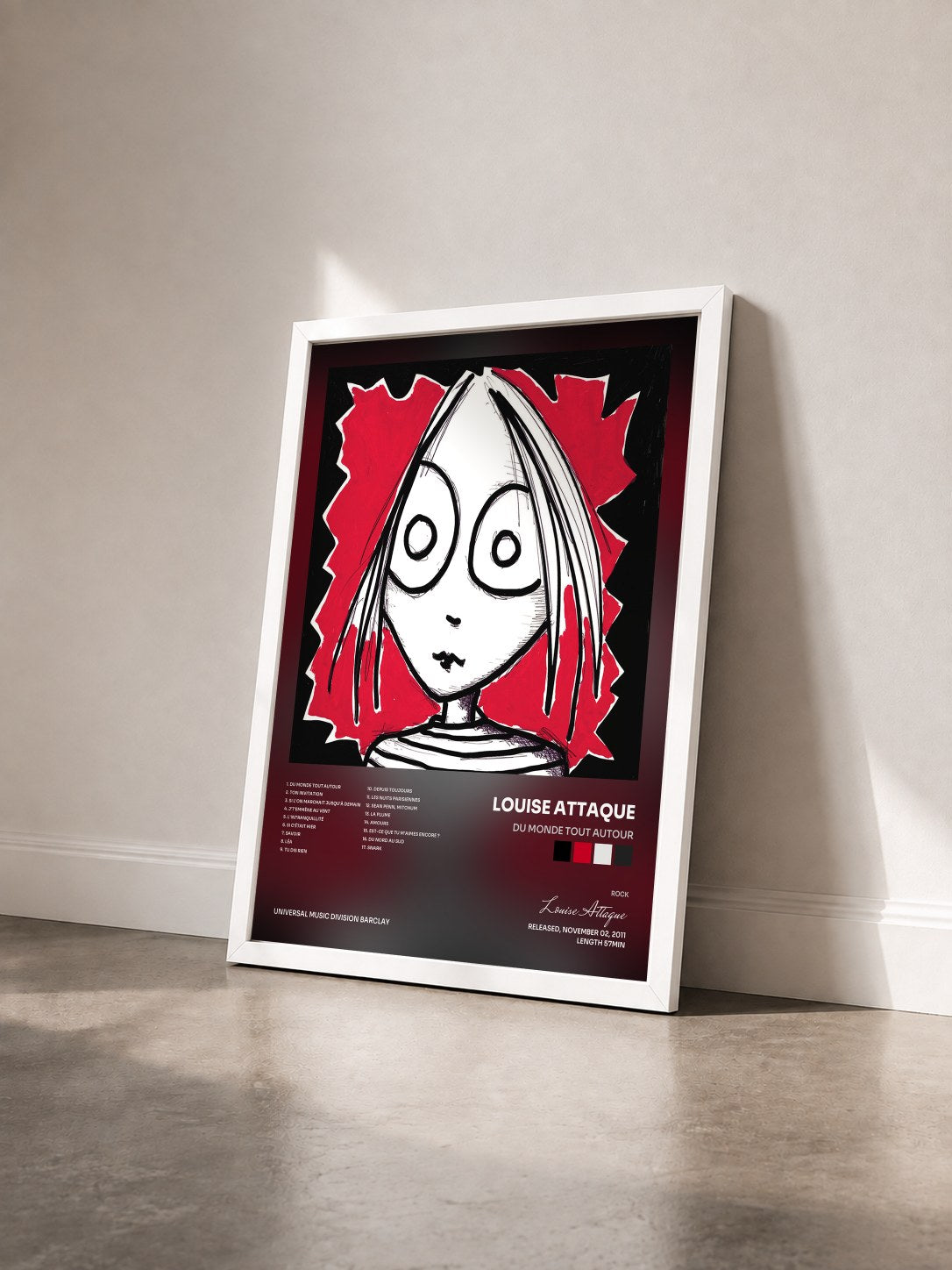 #blanc Du Monde Tout Autour by Louise Attaque as a framed art print seen at an angle, white frame