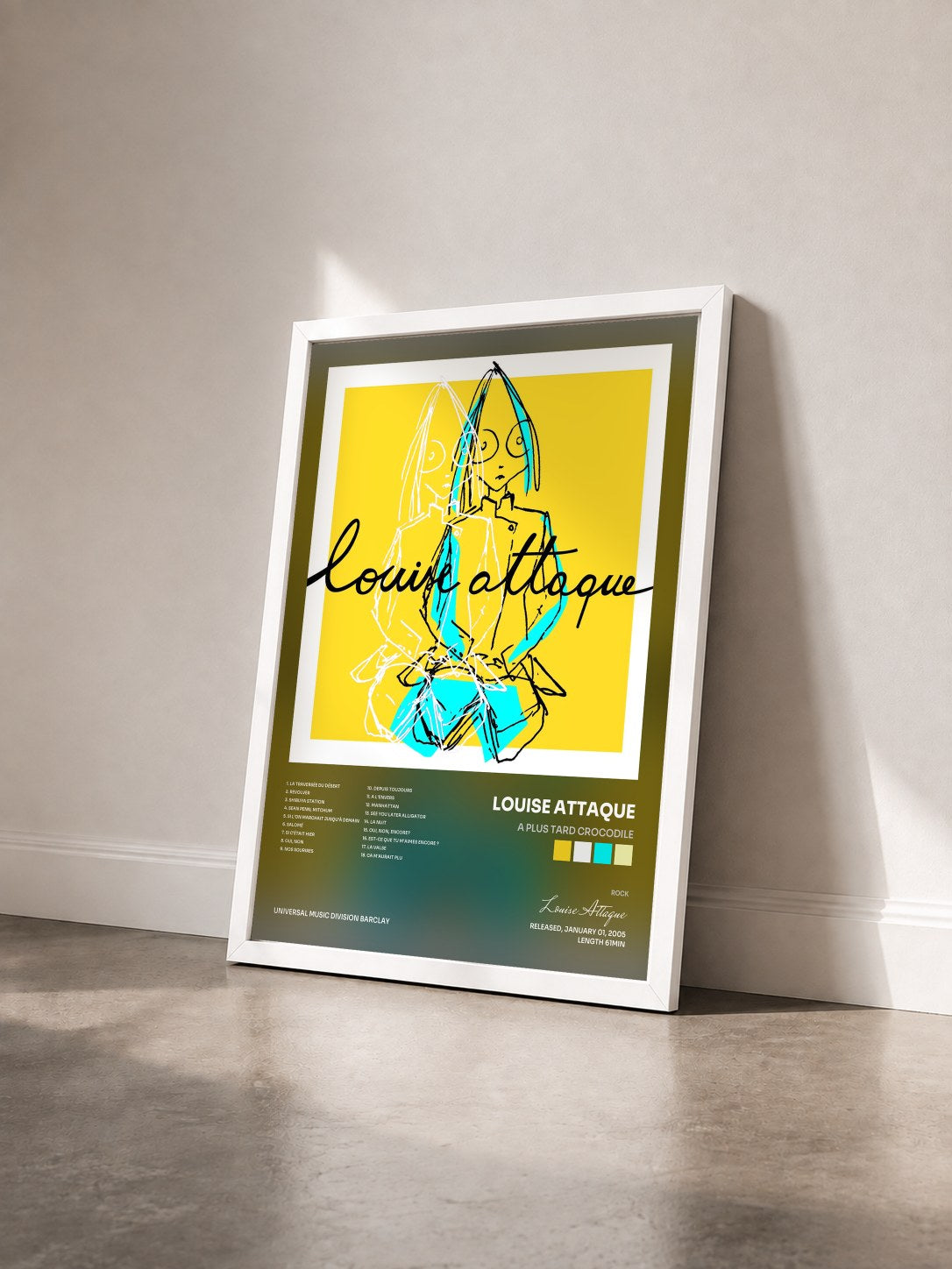 #blanc Tableau de l'album A Plus Tard Crocodile de Louise Attaque vu de trois quarts, cadre blanc