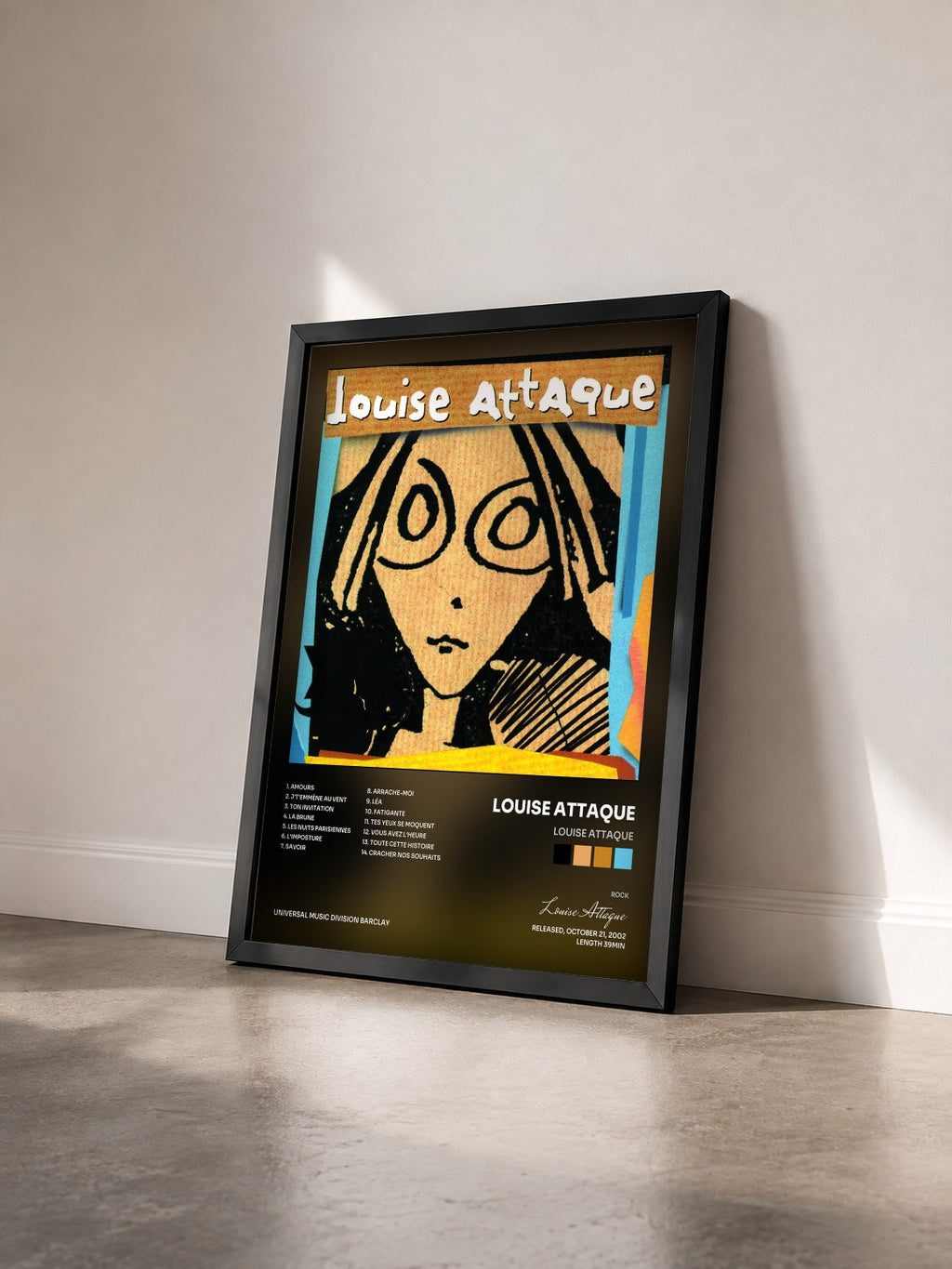 #noir Tableau de l'album Louise Attaque de Louise Attaque vu de trois quarts, cadre noir