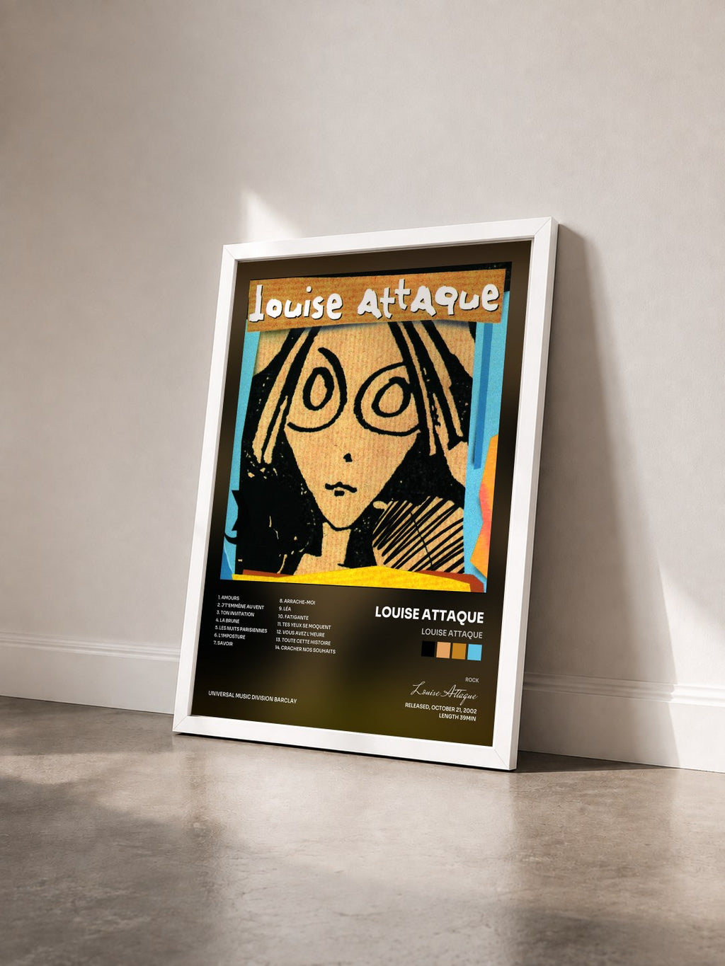 #blanc Tableau de l'album Louise Attaque de Louise Attaque vu de trois quarts, cadre blanc