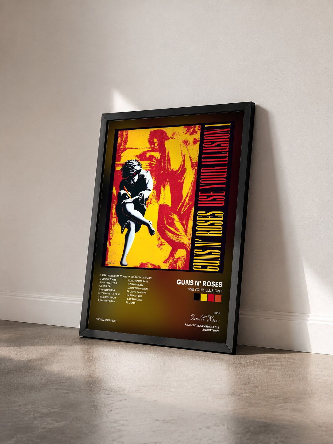 #noir Tableau de l'album Use Your Illusion I de Guns N' Roses vu de trois quarts, cadre noir