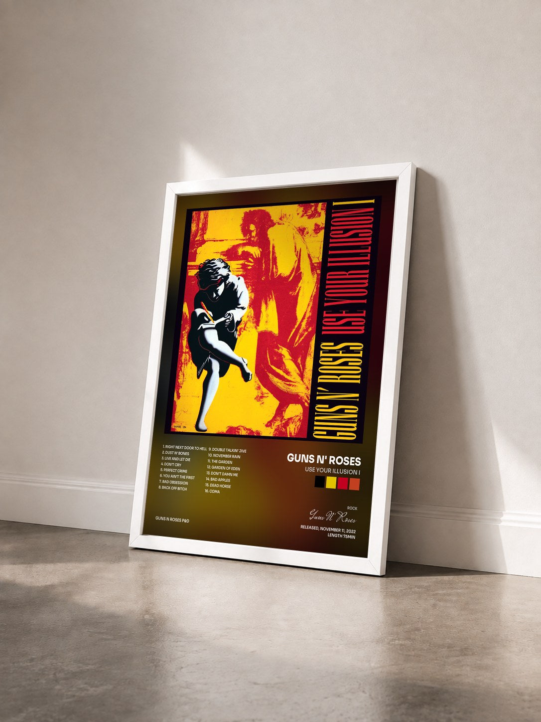 #blanc Tableau de l'album Use Your Illusion I de Guns N' Roses vu de trois quarts, cadre blanc