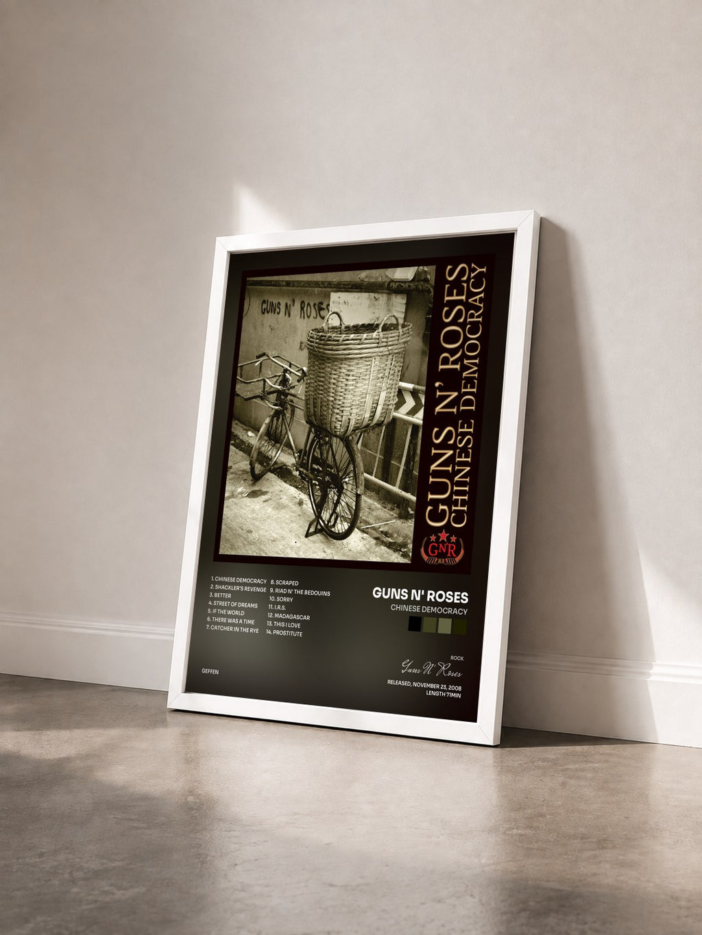 #blanc Tableau de l'album Chinese Democracy de Guns N' Roses vu de trois quarts, cadre blanc
