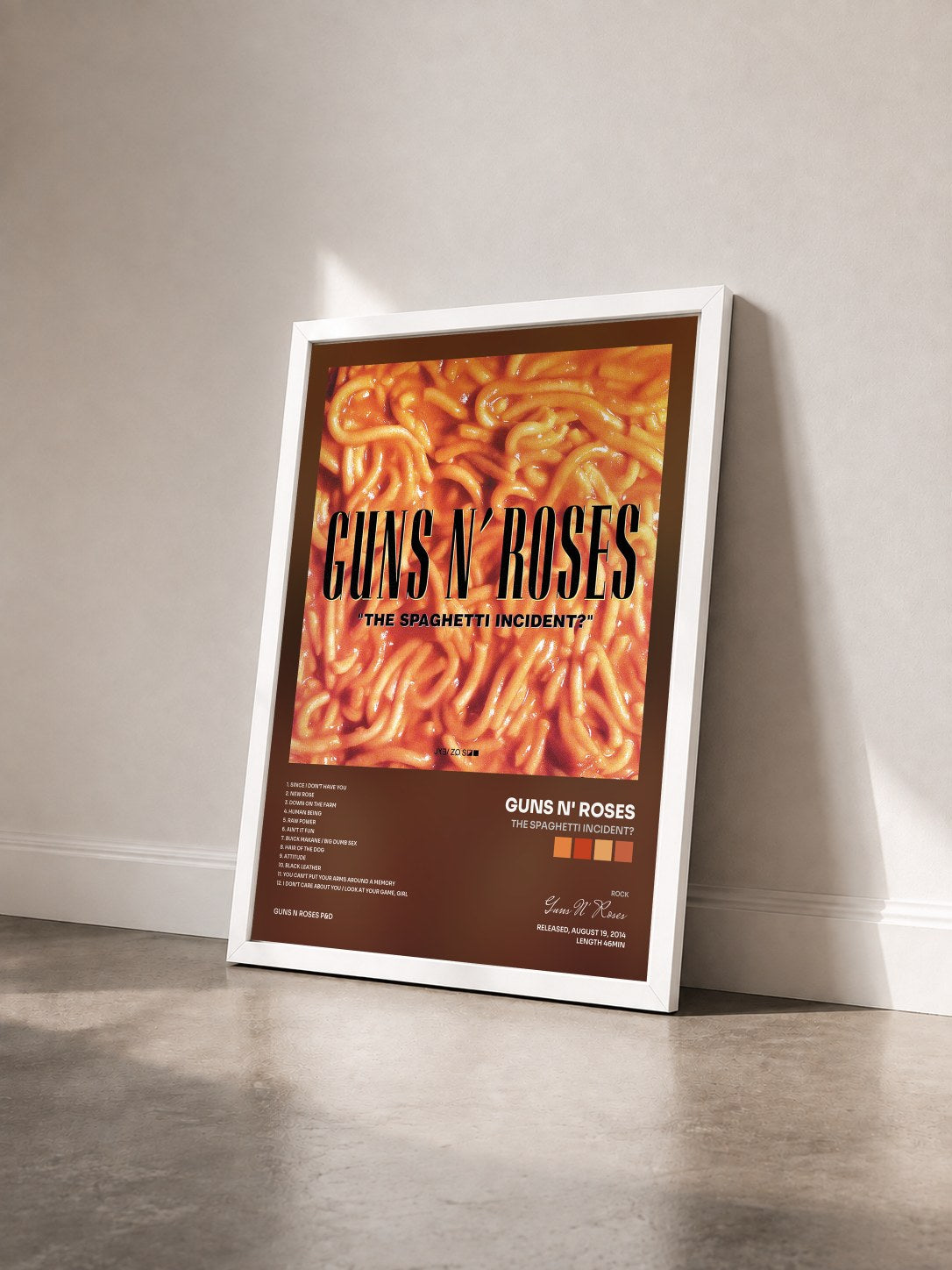 #blanc Tableau de l'album The Spaghetti Incident? de Guns N' Roses vu de trois quarts, cadre blanc