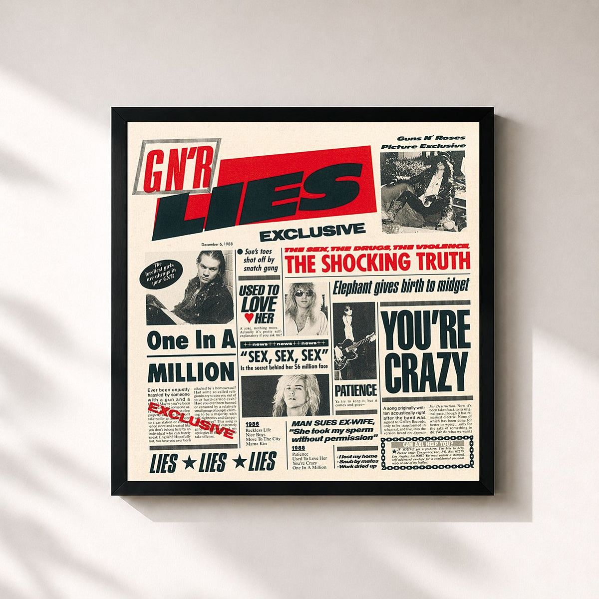 #noir Tableau carré de l'album G N' R Lies de Guns N' Roses, cadre noir 32x32 cm