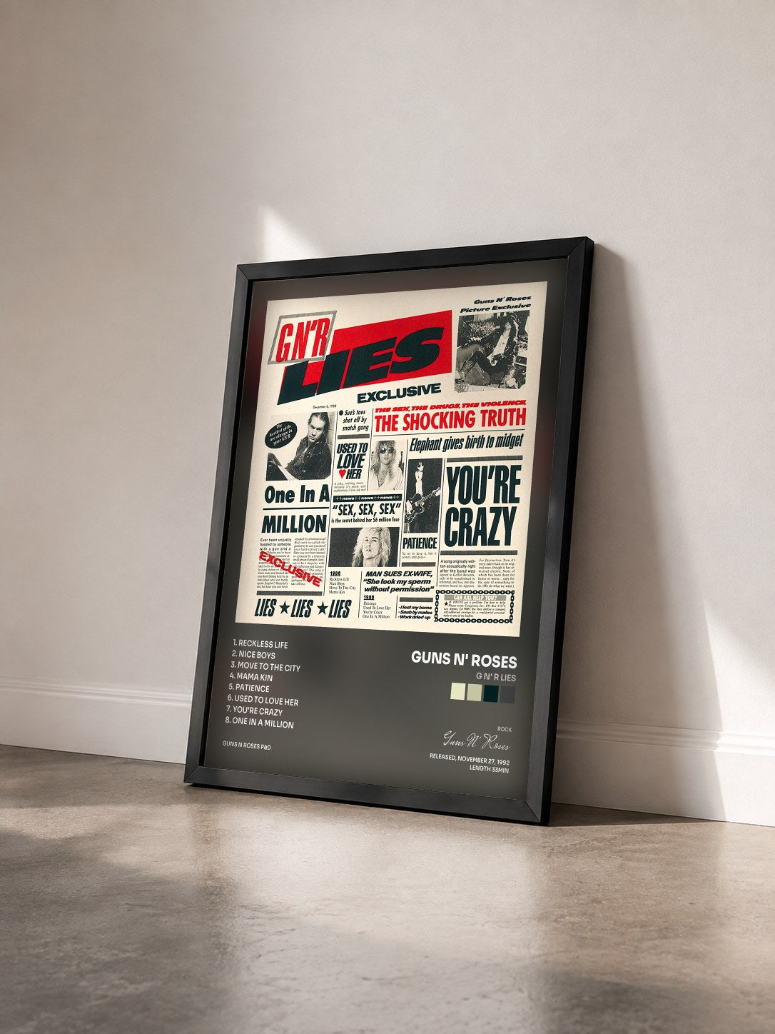 #noir Tableau de l'album G N' R Lies de Guns N' Roses vu de trois quarts, cadre noir
