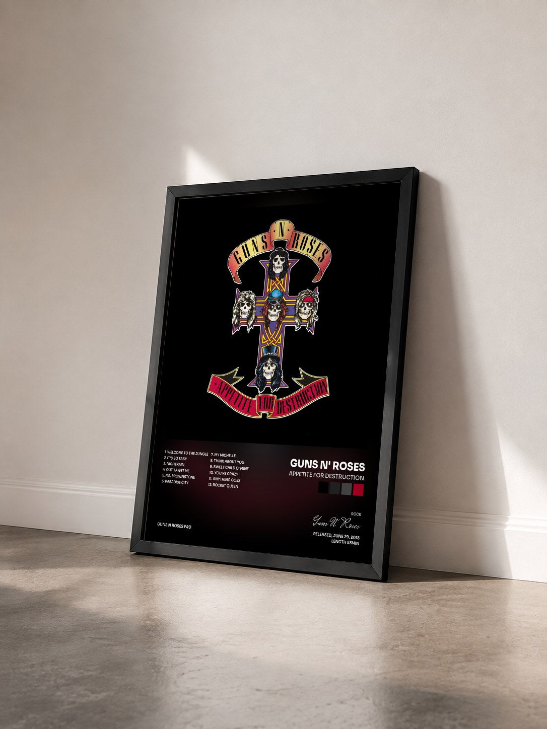 #noir Tableau de l'album Appetite For Destruction de Guns N' Roses vu de trois quarts, cadre noir