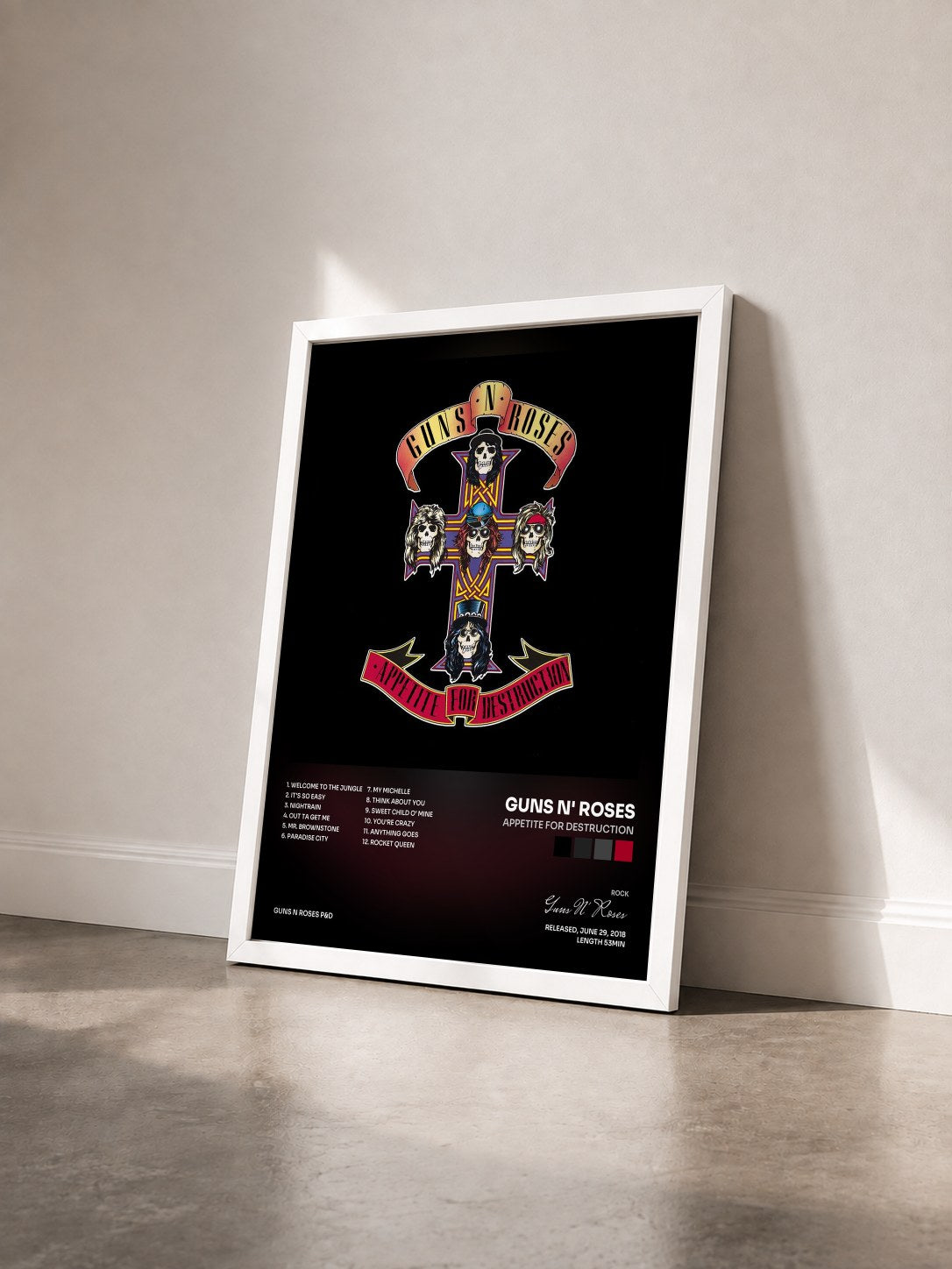 #blanc Tableau de l'album Appetite For Destruction de Guns N' Roses vu de trois quarts, cadre blanc