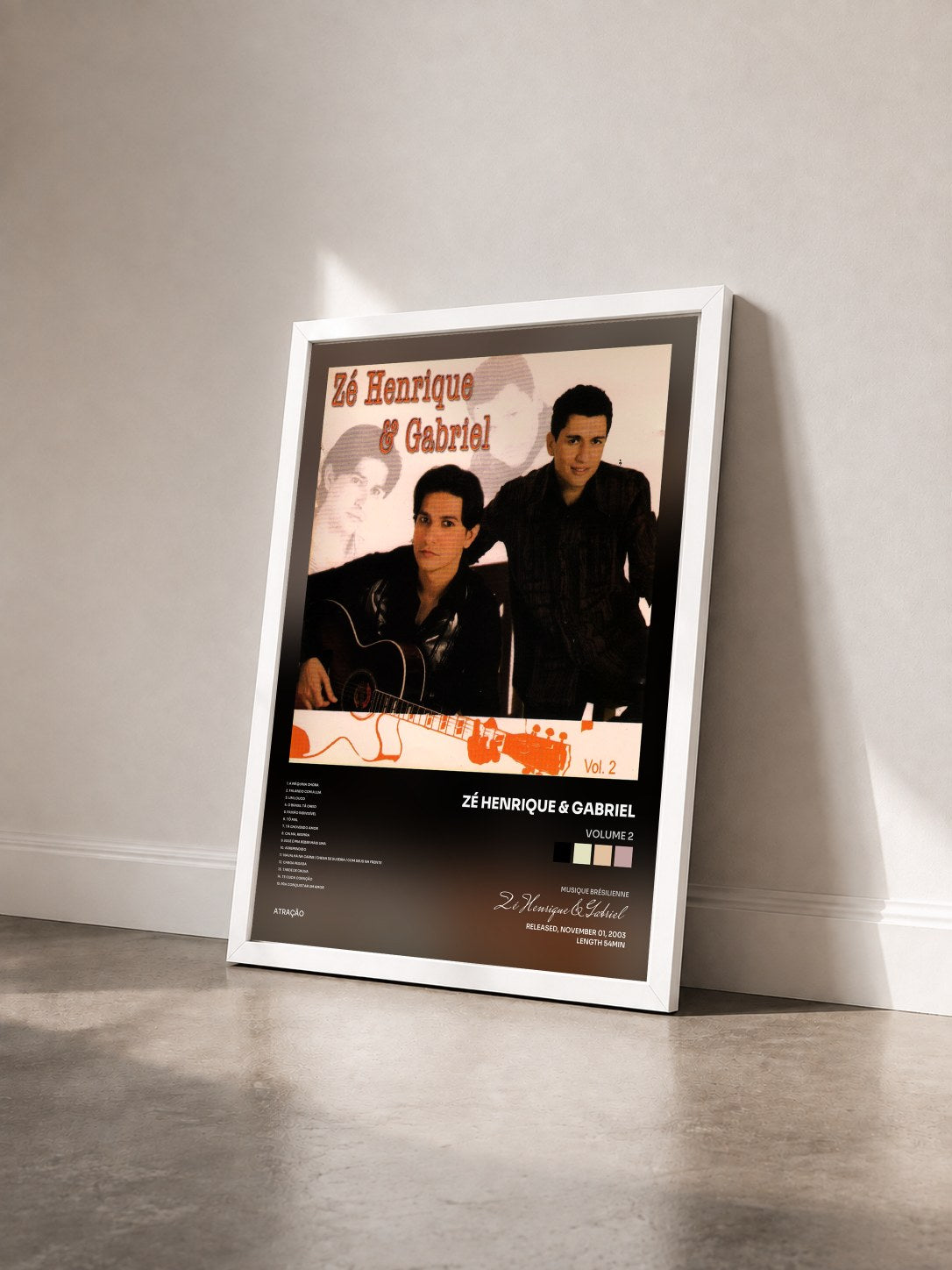 #blanc Tableau de l'album Volume 2 de Zé Henrique & Gabriel vu de trois quarts, cadre blanc