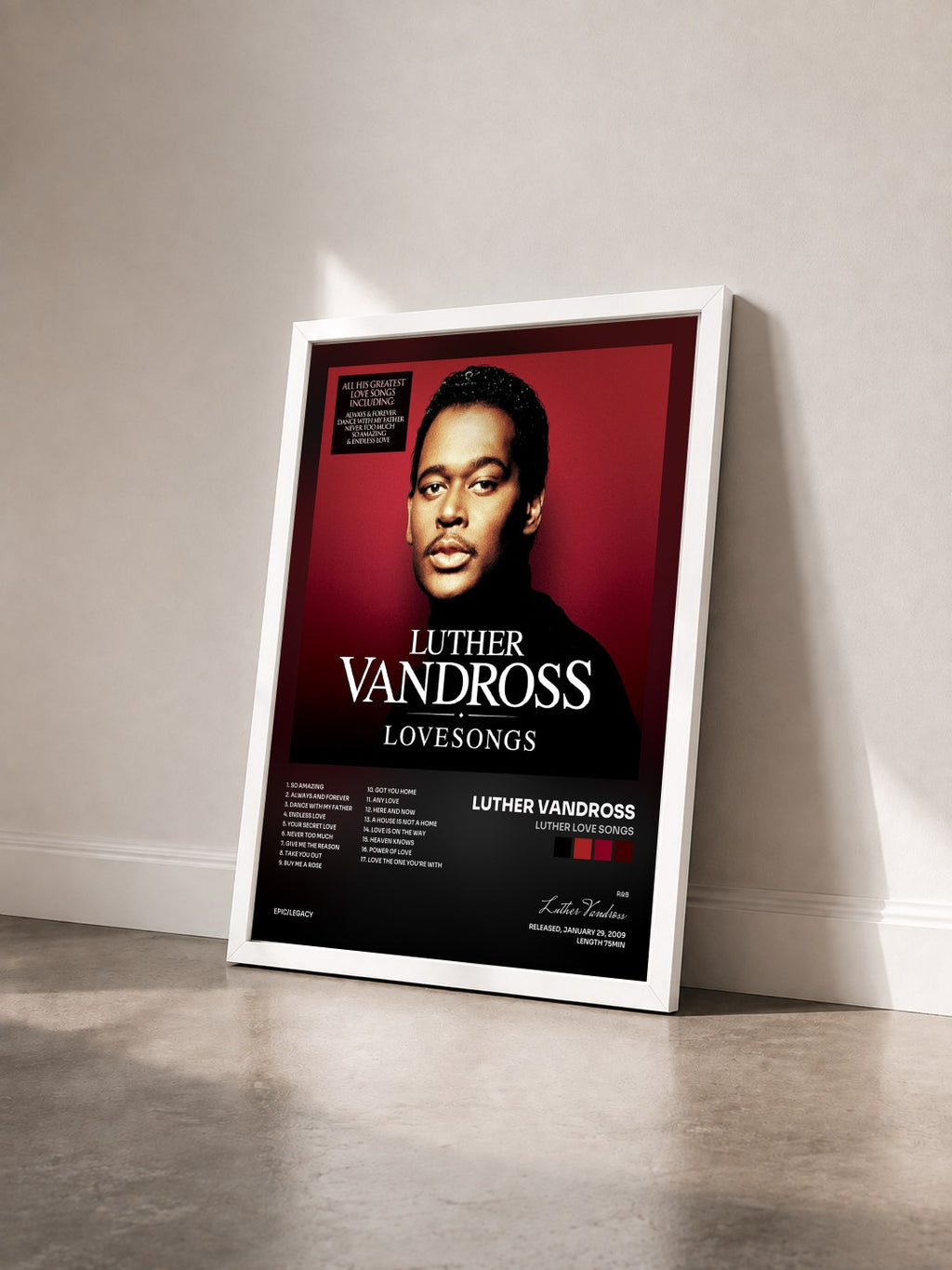#blanc Tableau de l'album Luther Love Songs de Luther Vandross vu de trois quarts, cadre blanc