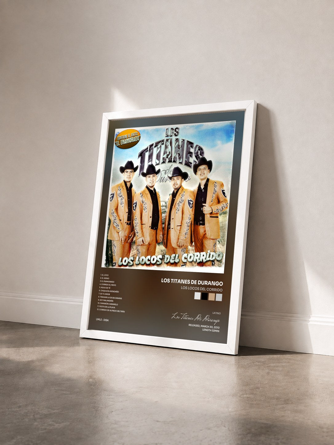 #blanc Tableau de l'album Los Locos Del Corrido de Los Titanes De Durango vu de trois quarts, cadre blanc
