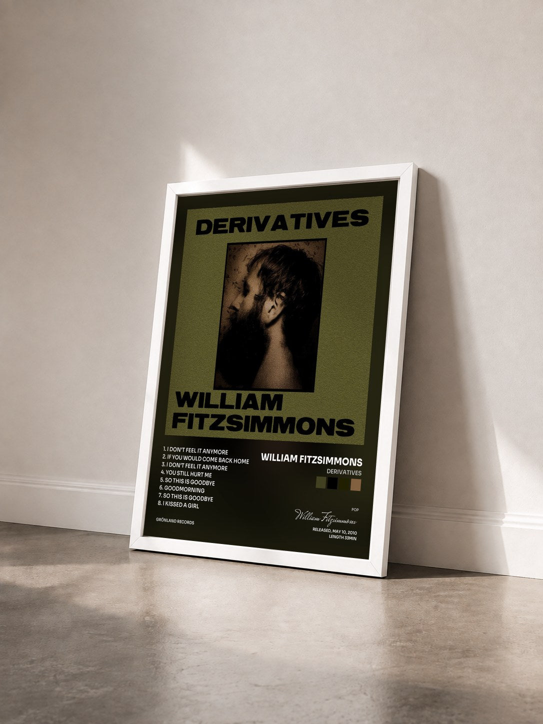 #blanc Tableau de l'album Derivatives de William Fitzsimmons vu de trois quarts, cadre blanc
