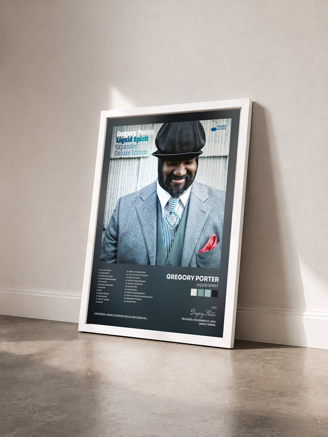 #blanc Liquid Spirit by Gregory Porter as a framed art print seen at an angle, white frame