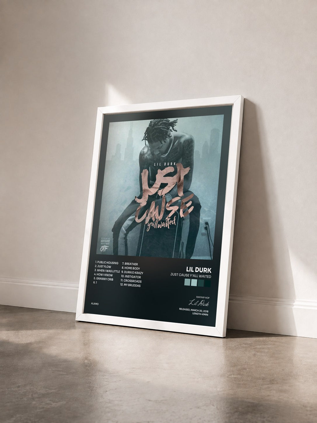 #blanc Tableau de l'album Just Cause Y'all Waited de Lil Durk vu de trois quarts, cadre blanc