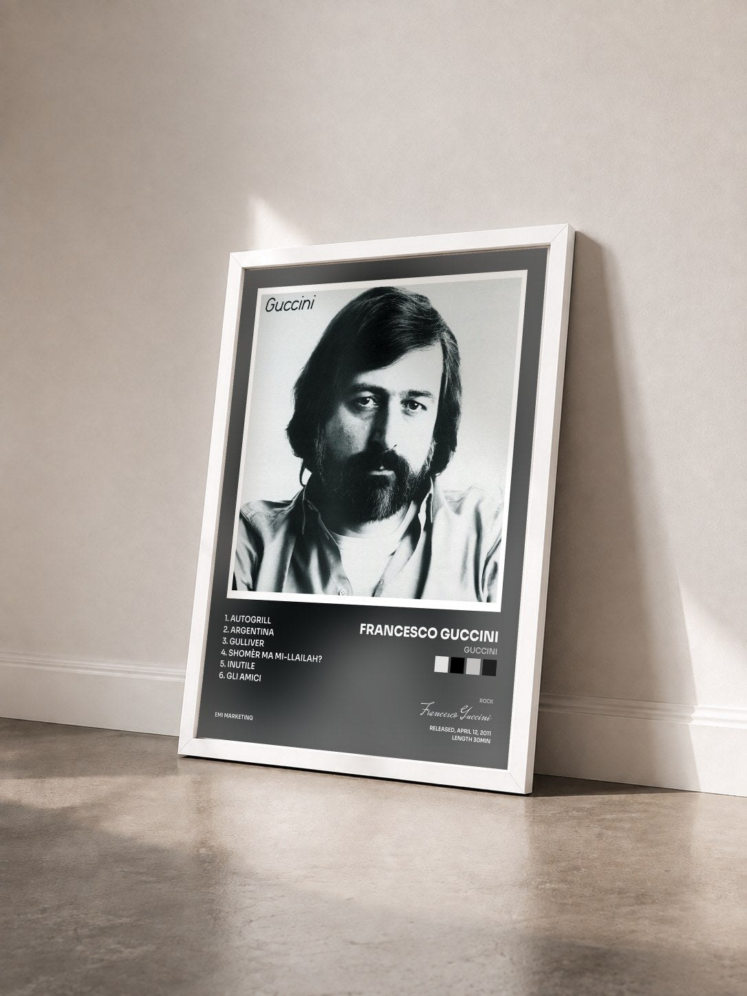 #blanc Tableau de l'album Guccini de Francesco Guccini vu de trois quarts, cadre blanc
