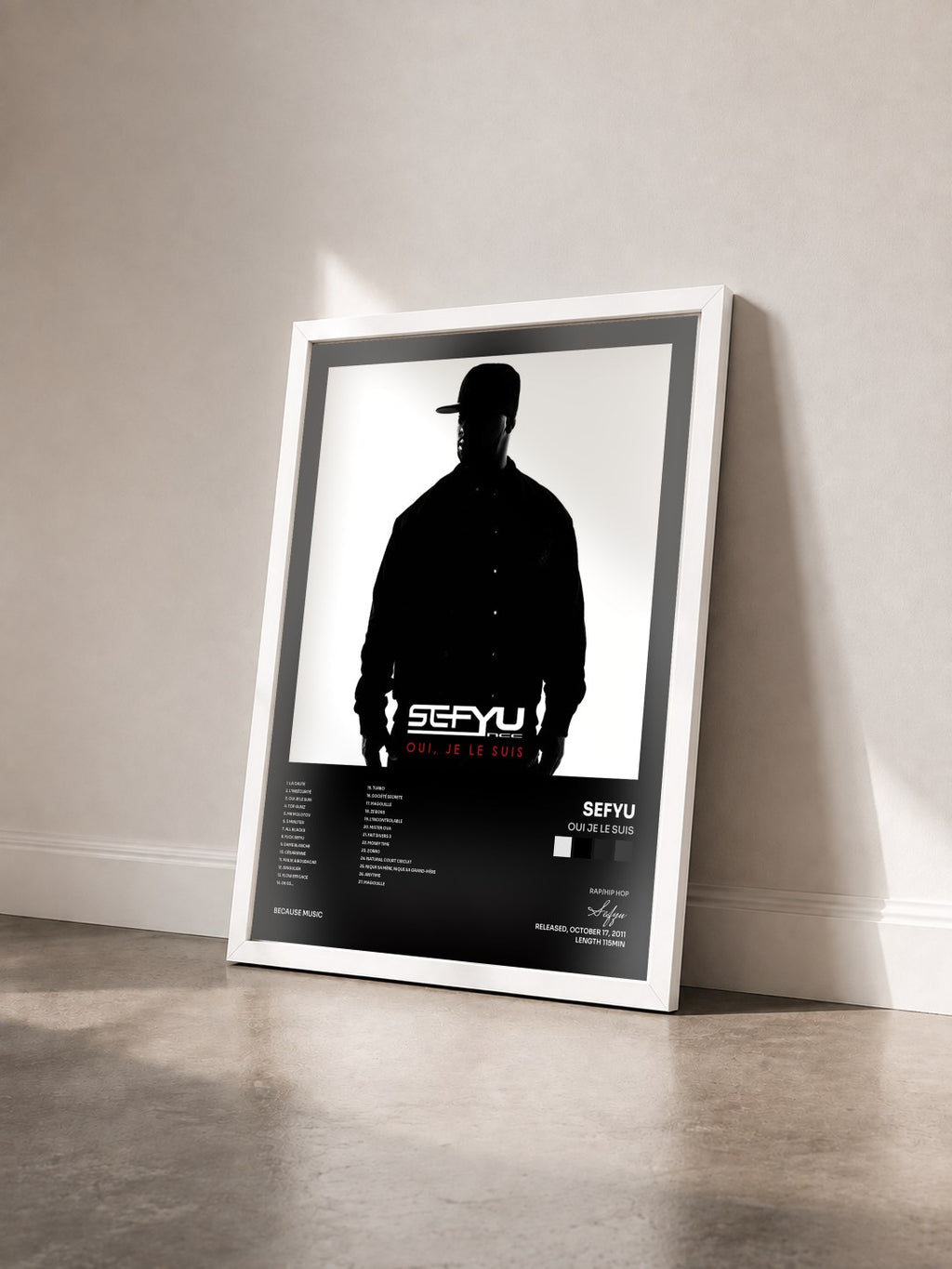 #blanc Tableau de l'album Oui Je Le Suis de Sefyu vu de trois quarts, cadre blanc