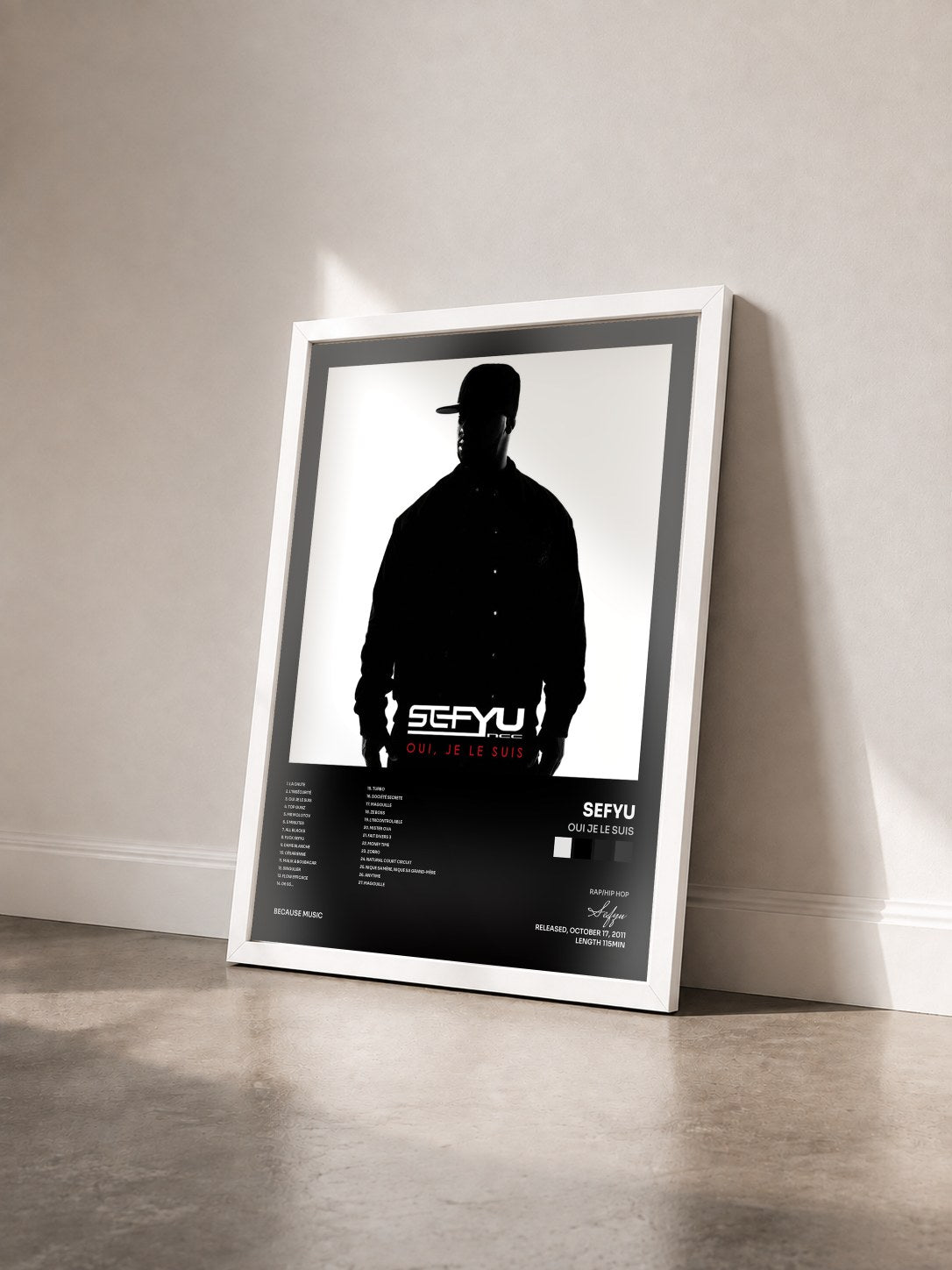 #blanc Tableau de l'album Oui Je Le Suis de Sefyu vu de trois quarts, cadre blanc