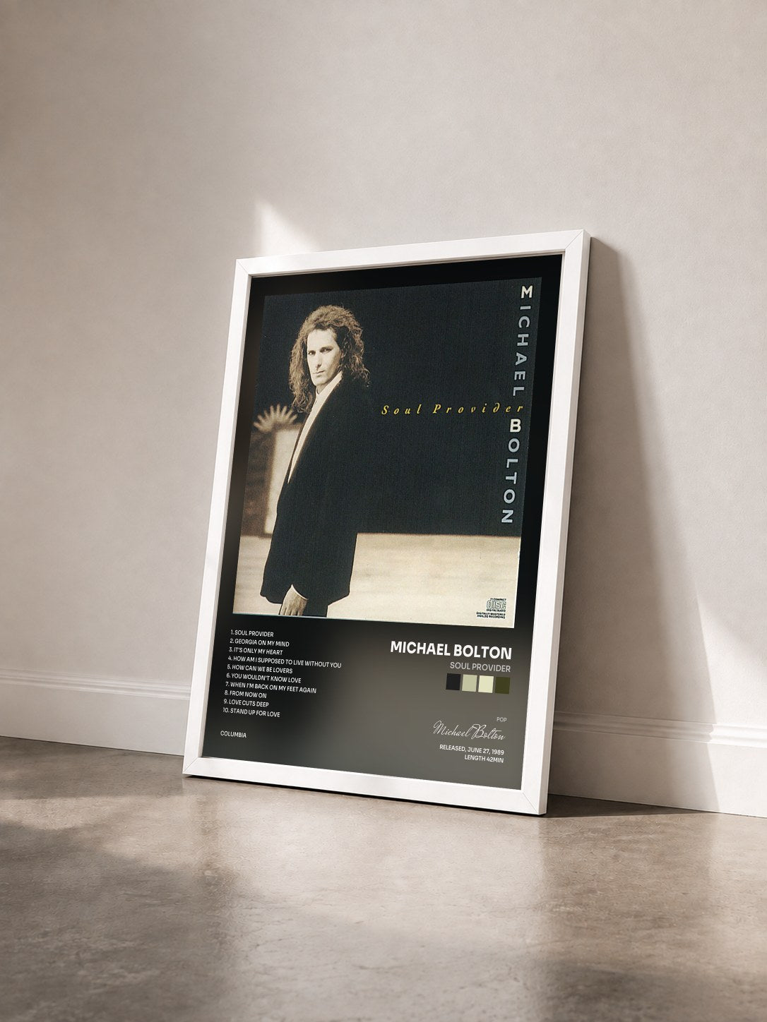 #blanc Soul Provider by Michael Bolton as a framed art print seen at an angle, white frame